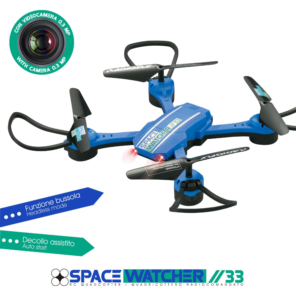 ODS - RADIOFLY, Space Watcher // 33, Drone per Bambini con Giroscopio, 8 Funzioni, 3 velocità, Rotazione 360°, con App e Supporto Smartphone, +8 Anni