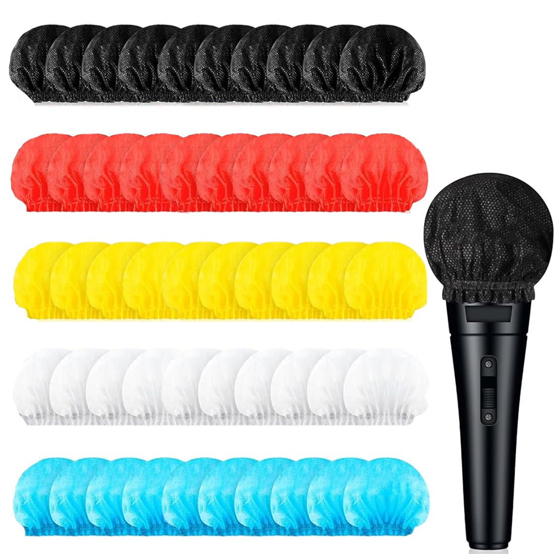 50 housses de microphone hygiéniques tissu non tissé, adaptées à la plupart des microphones portables pour karaoké, concert, enregistrement de karaoké (5 couleurs, 10 de chaque couleur)