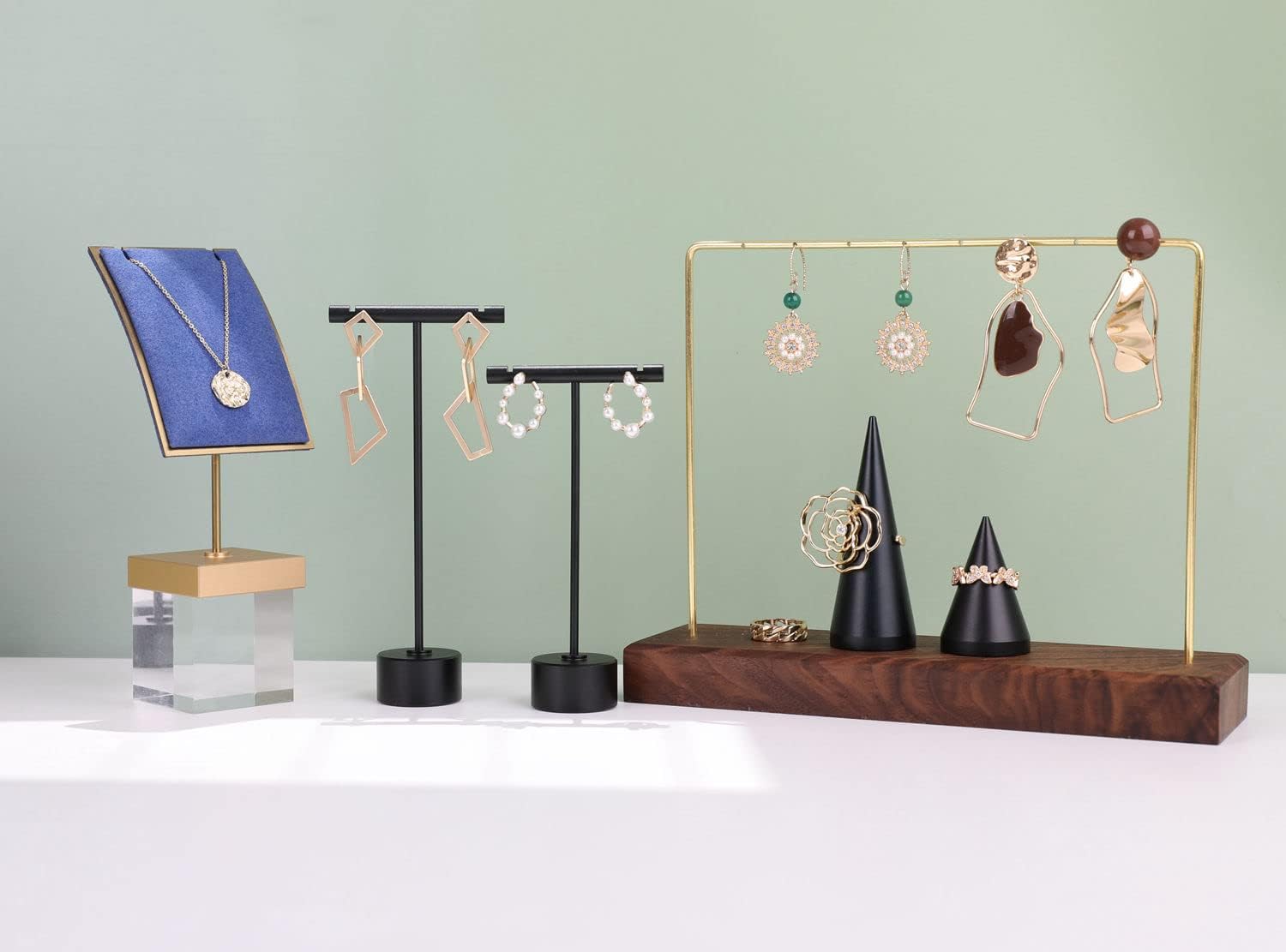 2pcs Black Earring T bar display stand, Metal Earring Display Holder for retail selling, small Jewelry photography props for Show【Black-Round Base 2pcs Height 4.5" and 5.3"】