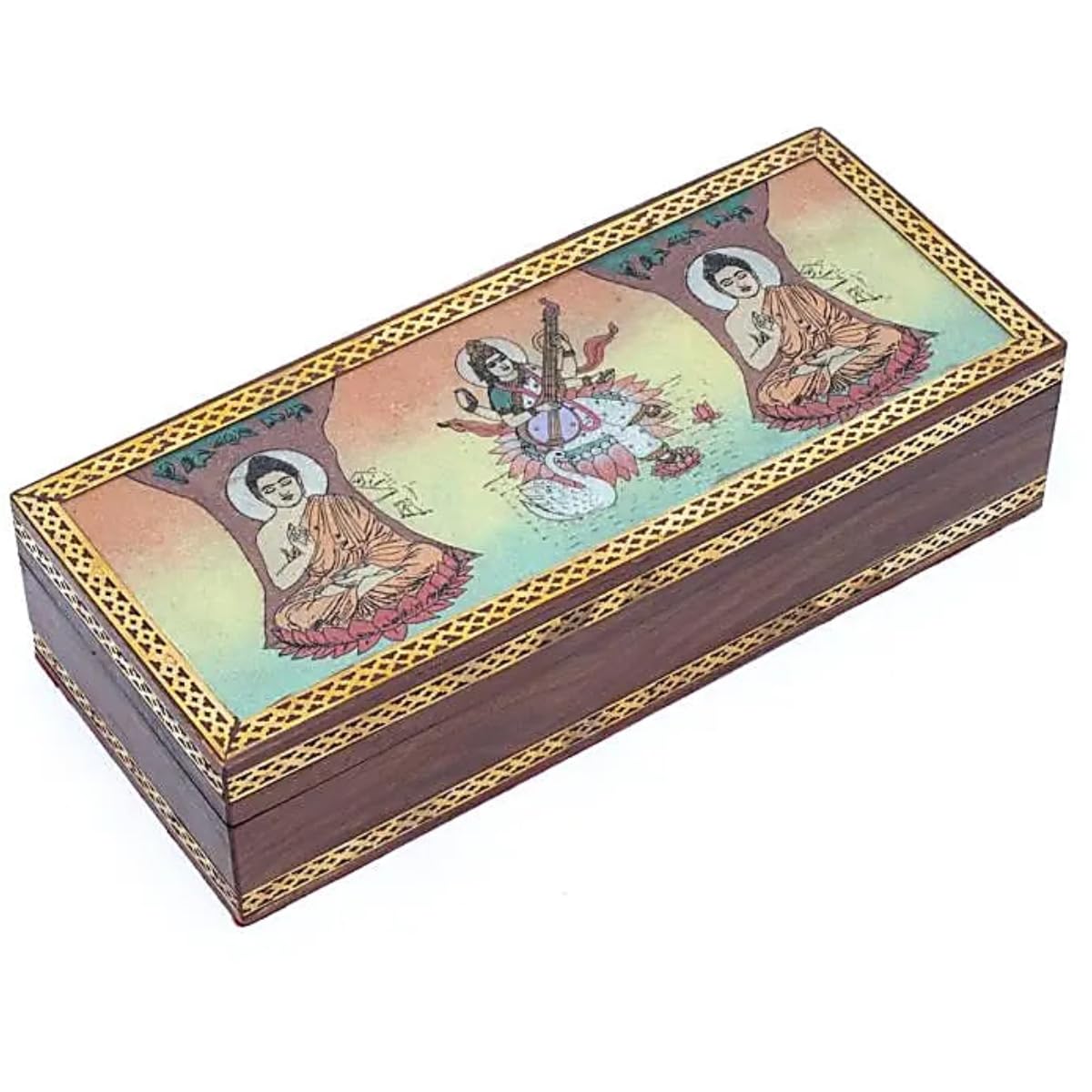 Boîte à bijoux ou tarot de 26 x 11 cm avec motifs Saraswati et Bouddha