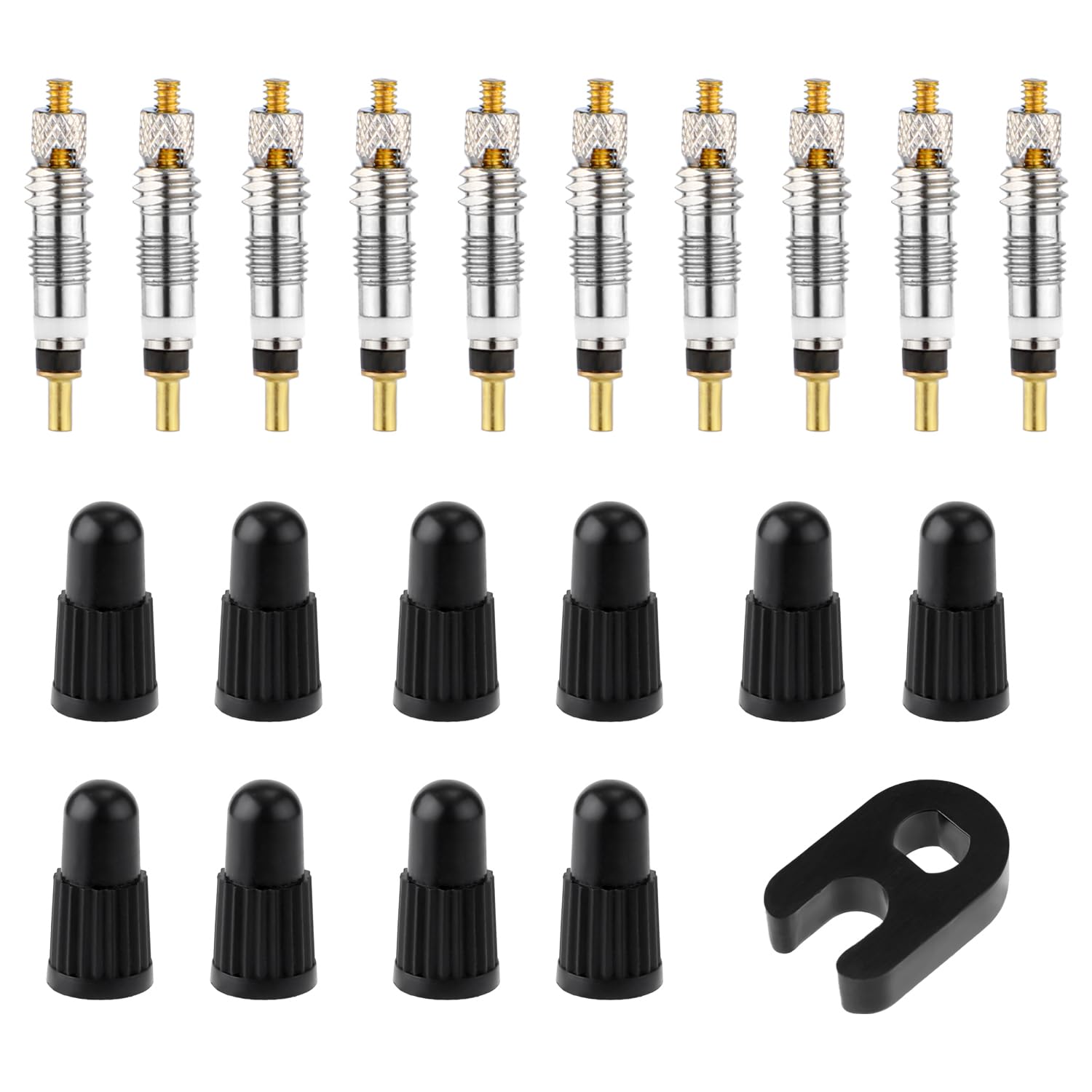Valve Core Repair Kit for Presta, Including 10pcs Valve Cores, 10pcs Tyre Valve Core Stem Caps and Valve Core Remover Removal Tool Tubeless Valve Bike Replacement Accessories for MTB Bicycle Tires