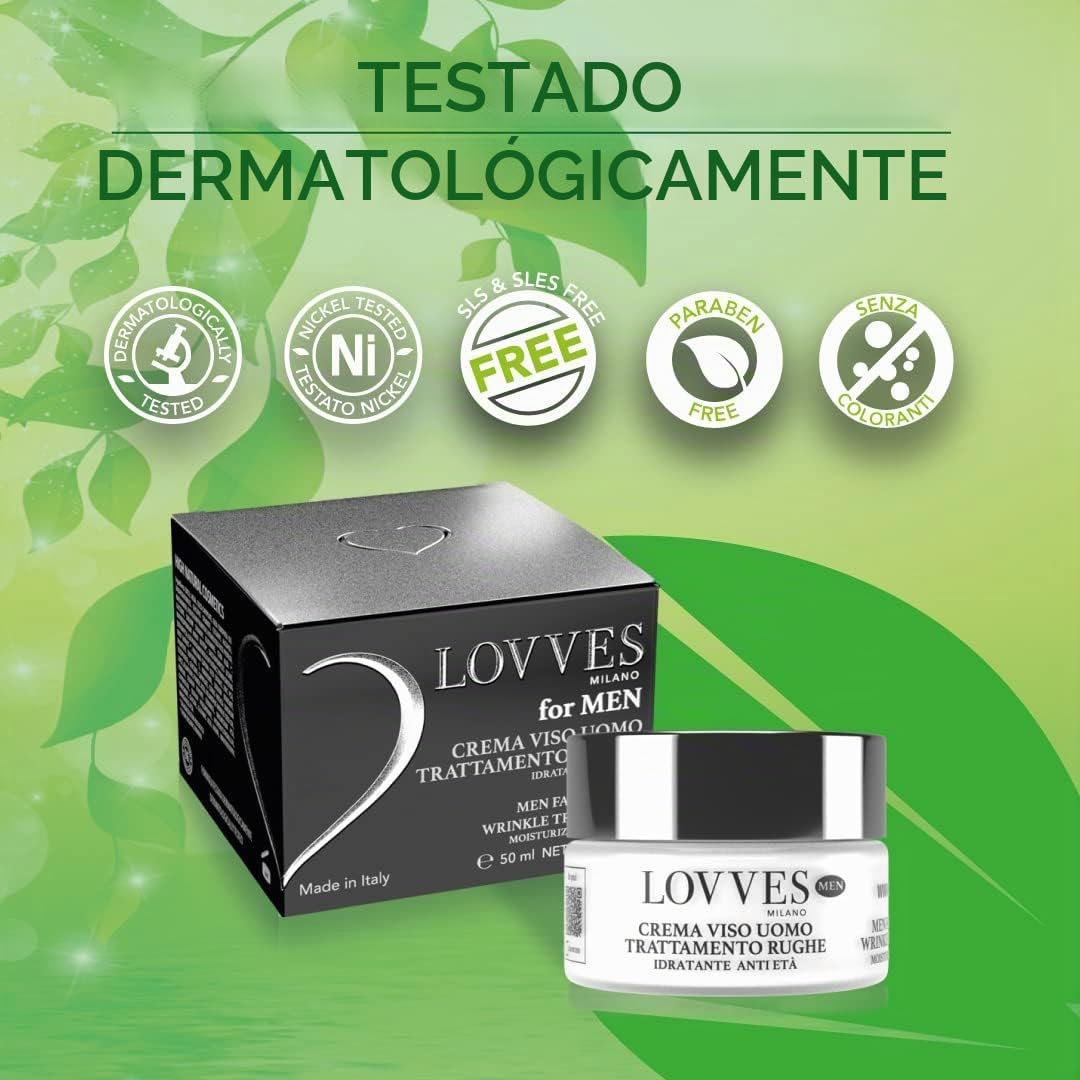 LOVVES Crema Facial Antiarrugas Hombre, Alta Cosmética Natural, Hidratante, Acción Antioxidante, Energiza la Piel y Aumenta su Firmeza, Formato Tarro de Cristal 50 ml