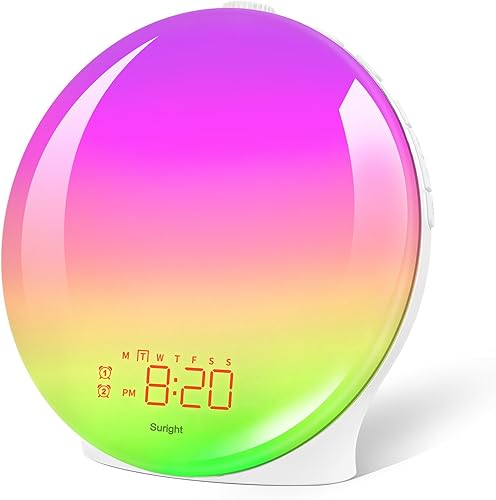  Suright Wake Up Light Sunrise Alarm Clock for Heavy Sleepers & Kids, Fullscreen Alarm with Sunrise/Sunset Simulation, Dual Alarms, Snooze, FM Radio, 19 Color Modes, 7 Natural Sounds 