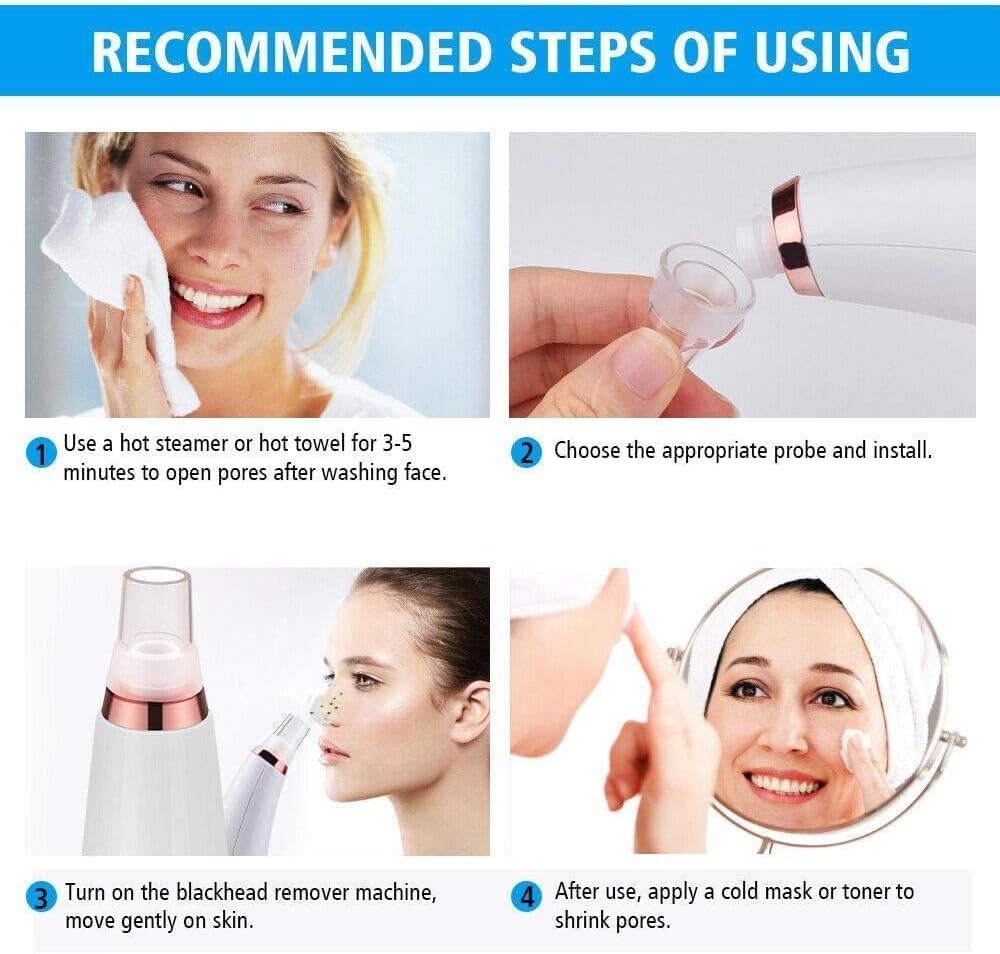 USB Rechargeable Blackhead Remover Vacuum, 3-Level Suction Power Facial Pore Cleaner with 6 Probes for Effective Pore Cleansing, Skin Care Tool for All Skin Types