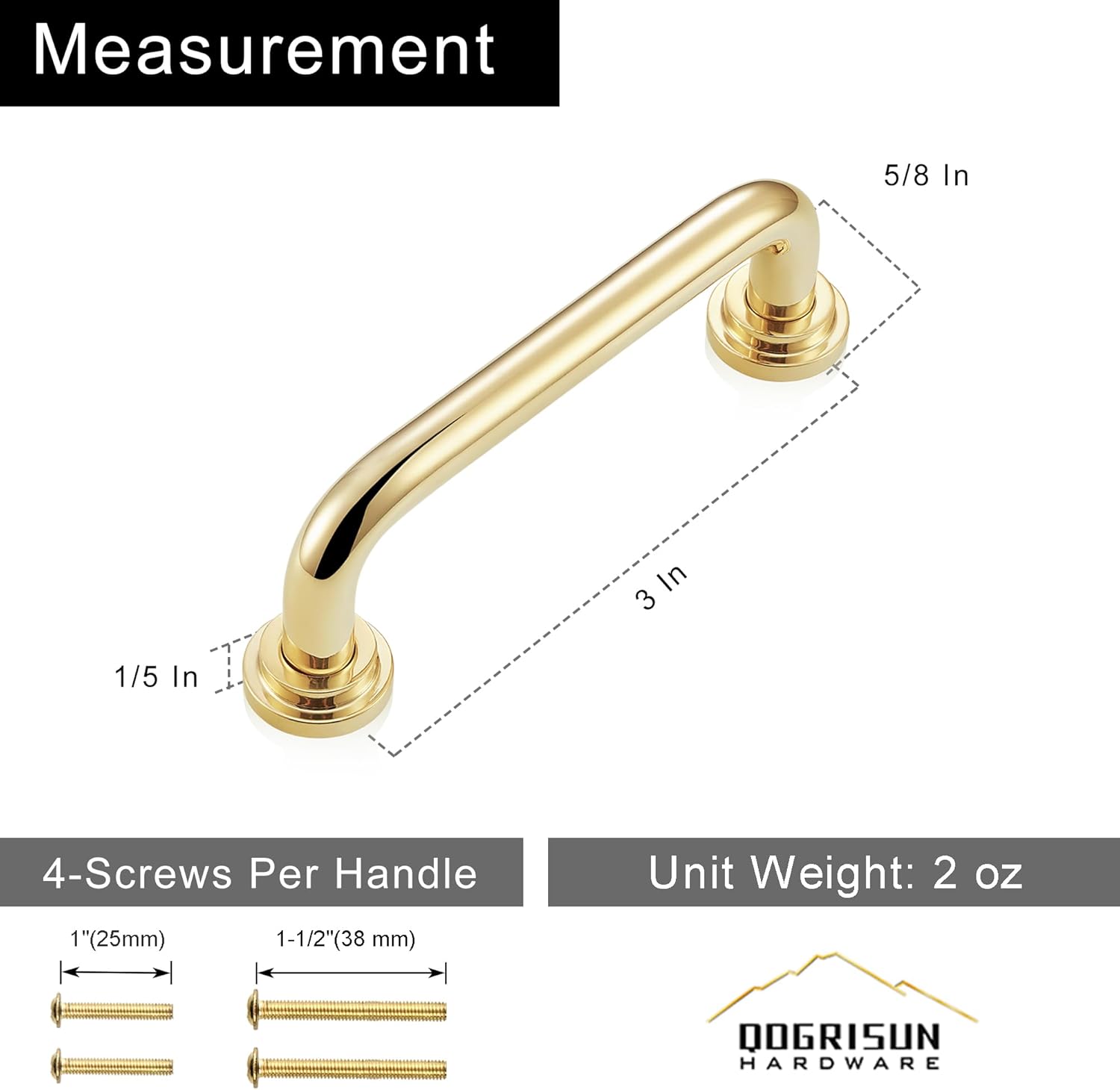 QOGRISUN 5-Pack Unlacquered Brass Cabinet Pulls, Gold Curve Drawer Dresser Handles, 3-Inch Hole Center A, Kitchen Cupboard Hardware, Polished Brass Finish