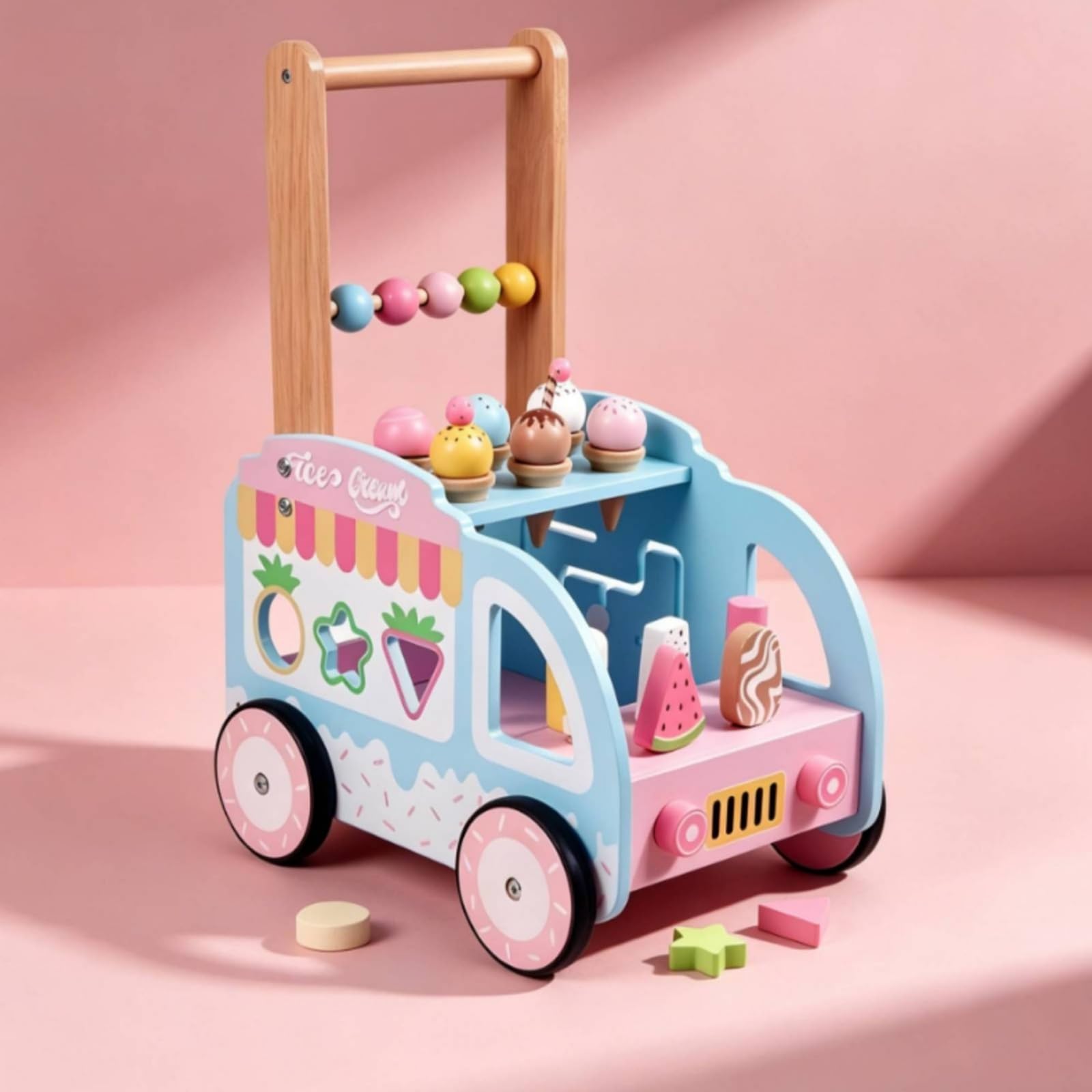 Children Lernlaufer Lauflernwagen Holz Interaktives Eiscreme-shop Motorikspiel mit Formsortierpanel für Kinder Lernen Fantasievolle Spielzeit Aktivitäten