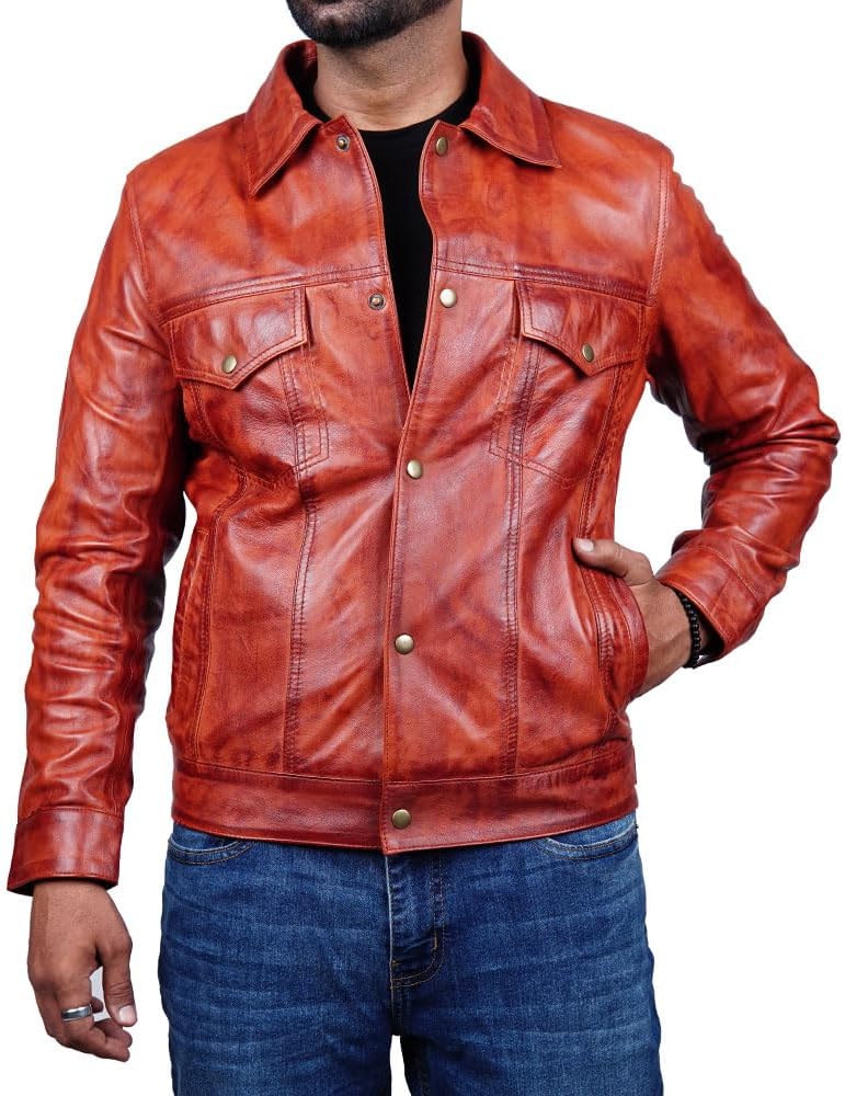 Vintage Style Trucker Leather Jacket Men Real Lambskin Vintage Trucker Shirt Collar Mens Leather Jackets