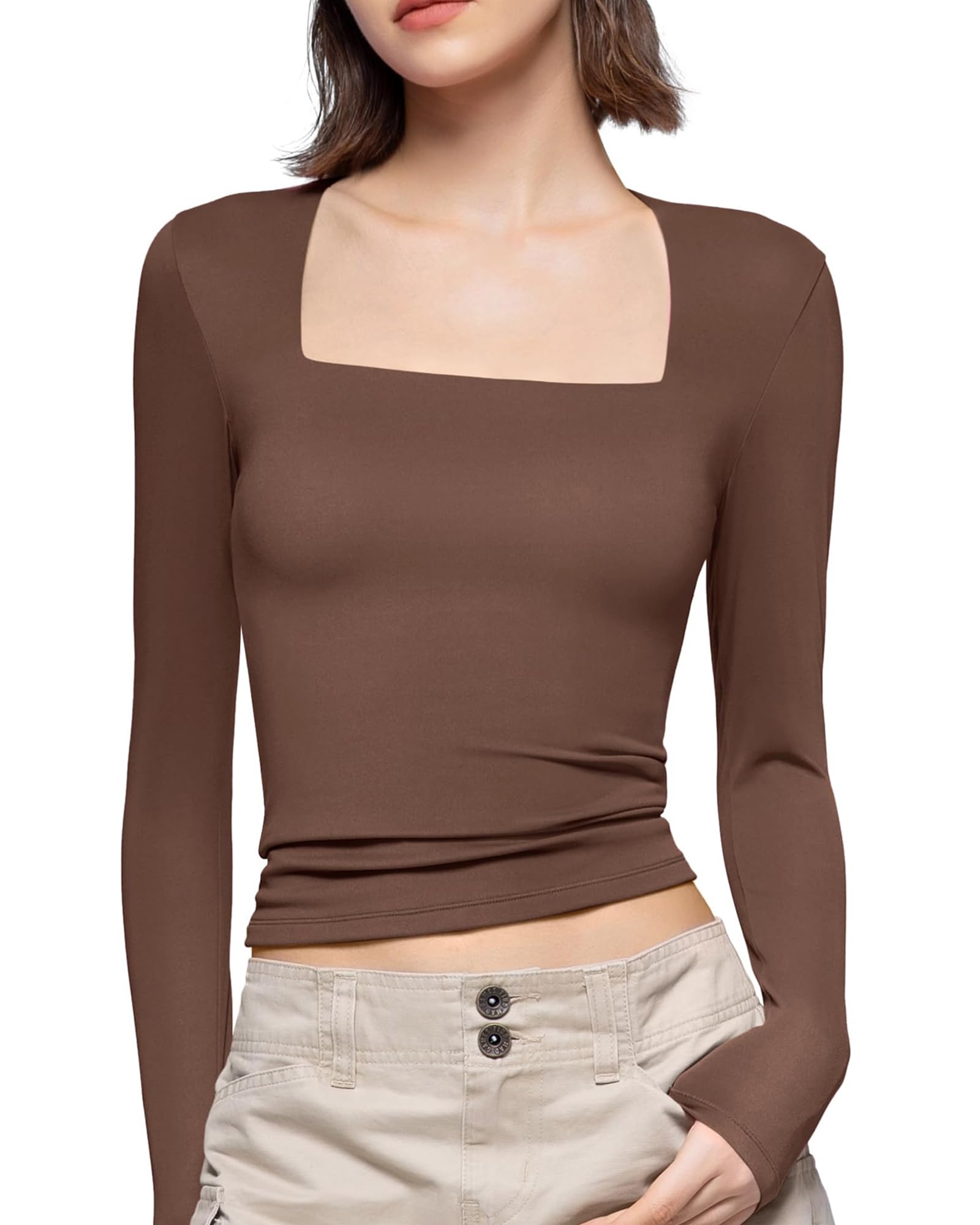 FMNNNN 5-Pack Women's Square Neck Long Sleeve Tops - Slim Fit Crop Tees For Layering - View #8