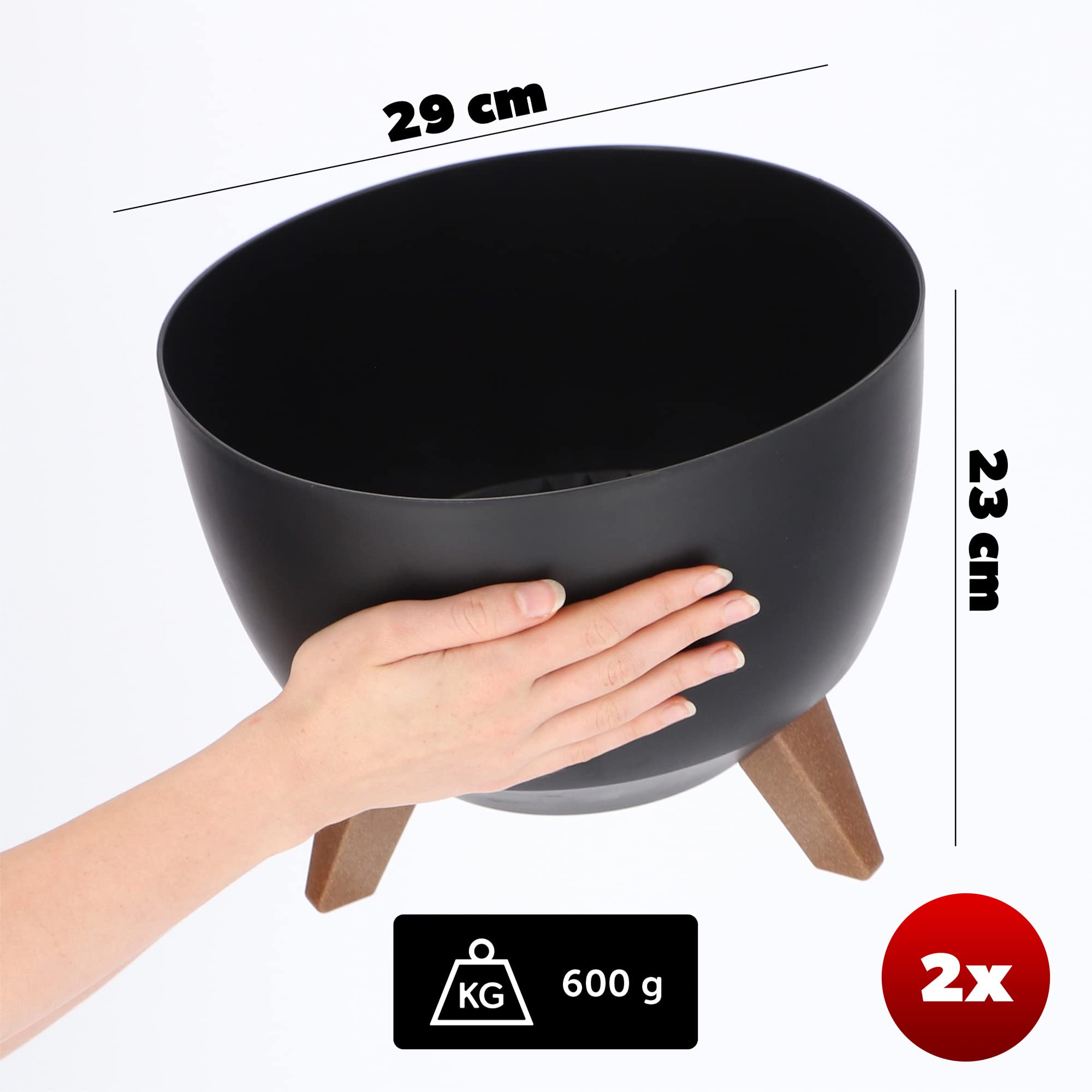 KADAX Pot de Fleurs en Plastique sur Trois Pieds, Effet Bois pour Sublimer la Décoration de Votre Maison, Intérieur et Extérieur (Lot de 2: Noir, 29 cm)