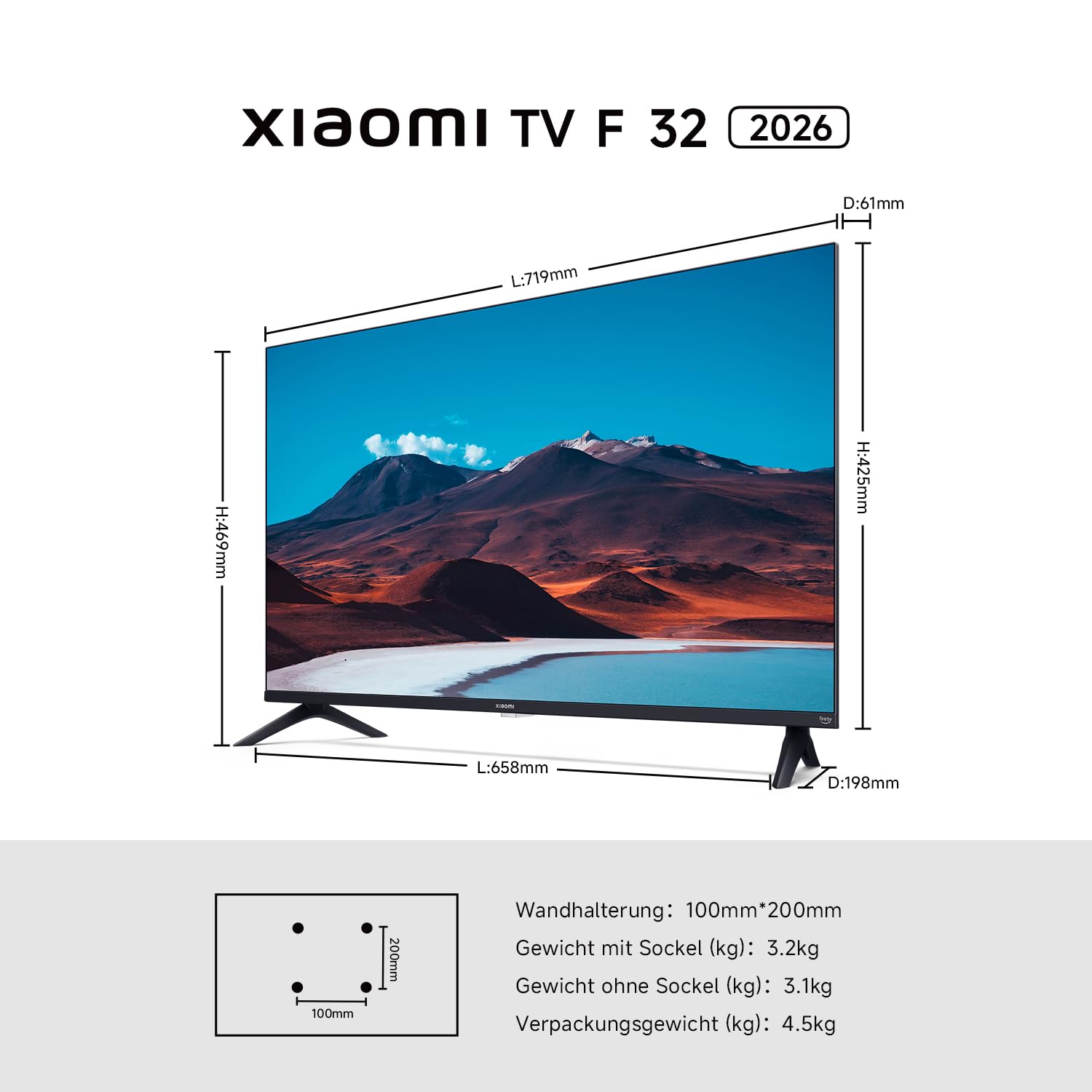 Xiaomi TV F 32, 32 Zoll (81 cm), HD, Smart TV, Fire OS7, Triple Tuner DVB-C/S/S2/T/T2, Dolby Audio™, DTS Virtual:X, DTS-HD, Sprachsteuerung mit Alexa, Kompatibel mit Apple AirPlay