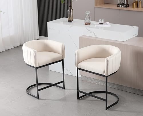 Miniatura 2 de Kmax Juego de 2 taburetes de barra de tela moderna con marco de metal negro con canal copetudo para isla de cocina, comedor y bar, beige