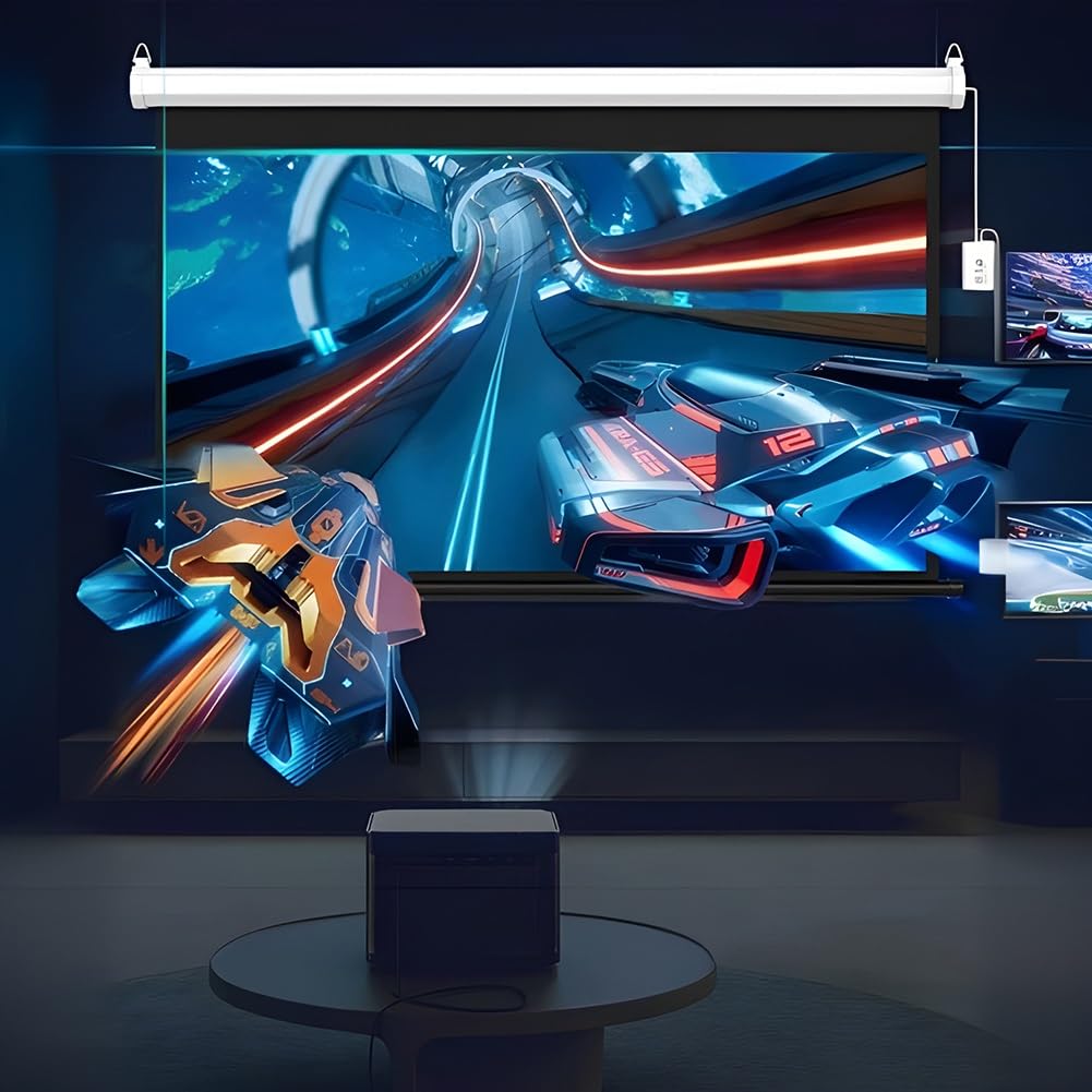 Schermo per Proiettore Motorizzato con Telecomando, Proporzioni 16:9, 8K/4K Ultra HD Ready, Schermo Proiettore Montato a Parete/soffitto per Ufficio, Home Theater e Film(72 inch)