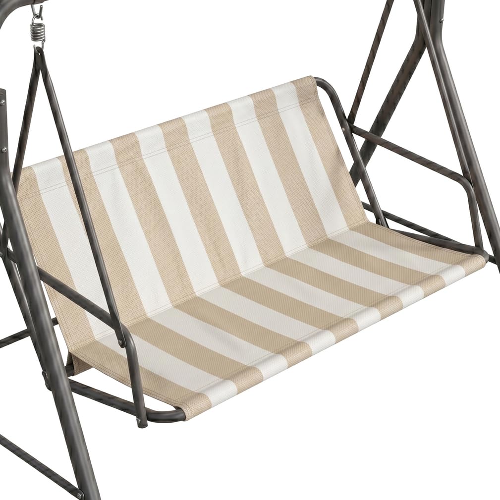 BaCover Patio Swing Seat Replacement Fabric, Heavy Duty 600D Oxford Waterproof 2/3 Seater Porch Swing Chair Seat Cover, UV Resistant Outdoor Seat Cloth,Beige Stripes,144x(45+55) cm