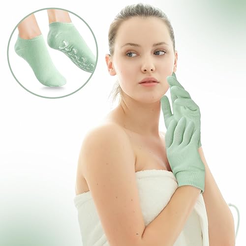 Miniatura 6 de Aster Juego de 4 guantes y calcetines hidratantes, guantes y calcetines de terapia de spa de gel para reparar manos secas y agrietadas, forro de gel