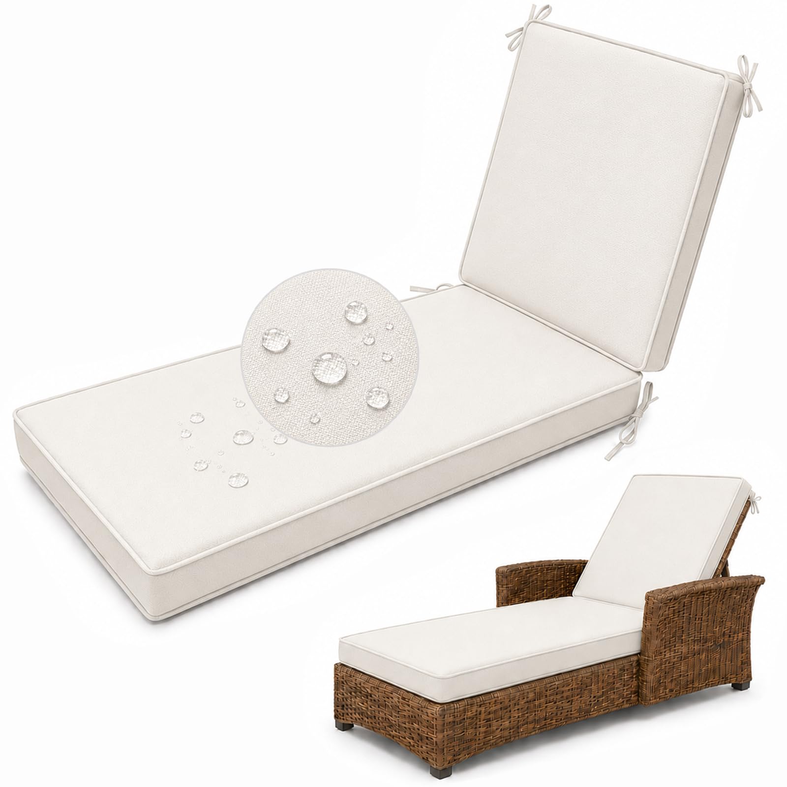 Aocase Waterproof Sun Lounger Cushion, Garden Sunbed Recliner Pad, White