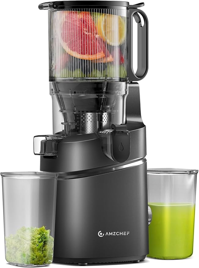 AMZCHEF Cold Press Juicer, 5.3" Self-Feeding Juicer Machines for Whole vegetable & fruit, Masticating Juicer Easy to Clean, High Juice Yield, Large Auger, Triple Strainers