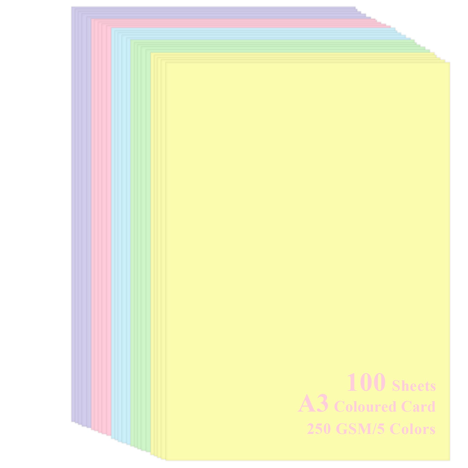 Pastel Card 250gsm A3 (29.7x42cm) - 100 Sheets Pack | 5 Assorted Soft Colors | Premium Coloured Paper for Crafting, Scrapbooking & Art Projects