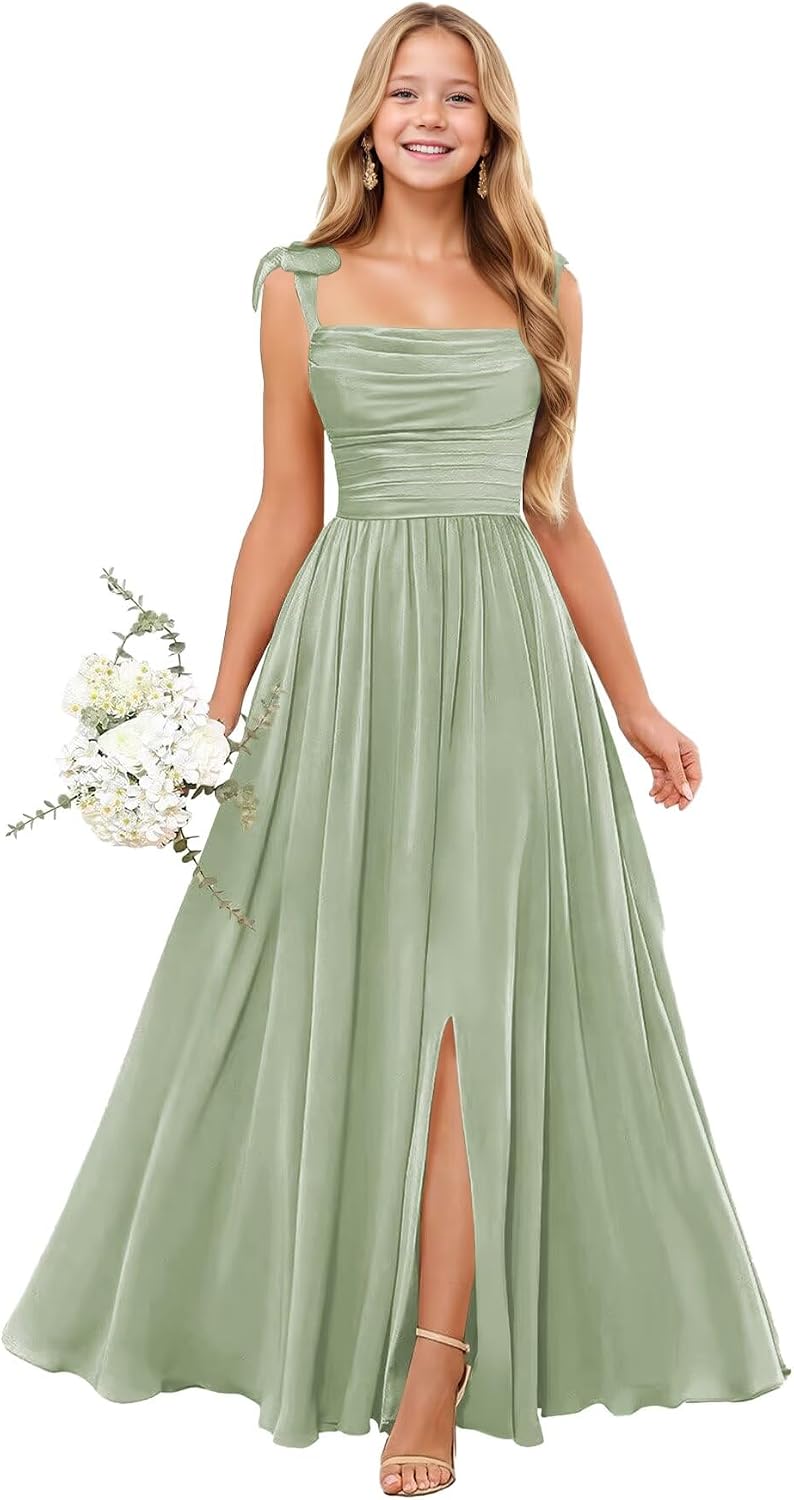 Pleated Junior Bridesmaid Dresses Split Chiffon Flower Girl Dress for Wedding Long Girls Bridesmaid Dresses