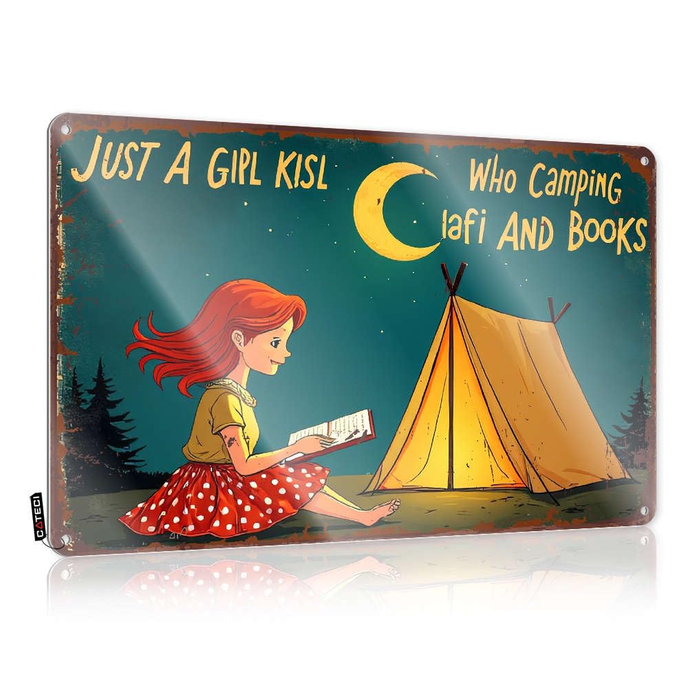 Sujd Girls Colour Tin Plate Sign Welcome Porch Rust-Proof & Metal Western Decor Vintage - Camping, Reading Under Moonlight. For Tools Shaped Wall | Bedroom