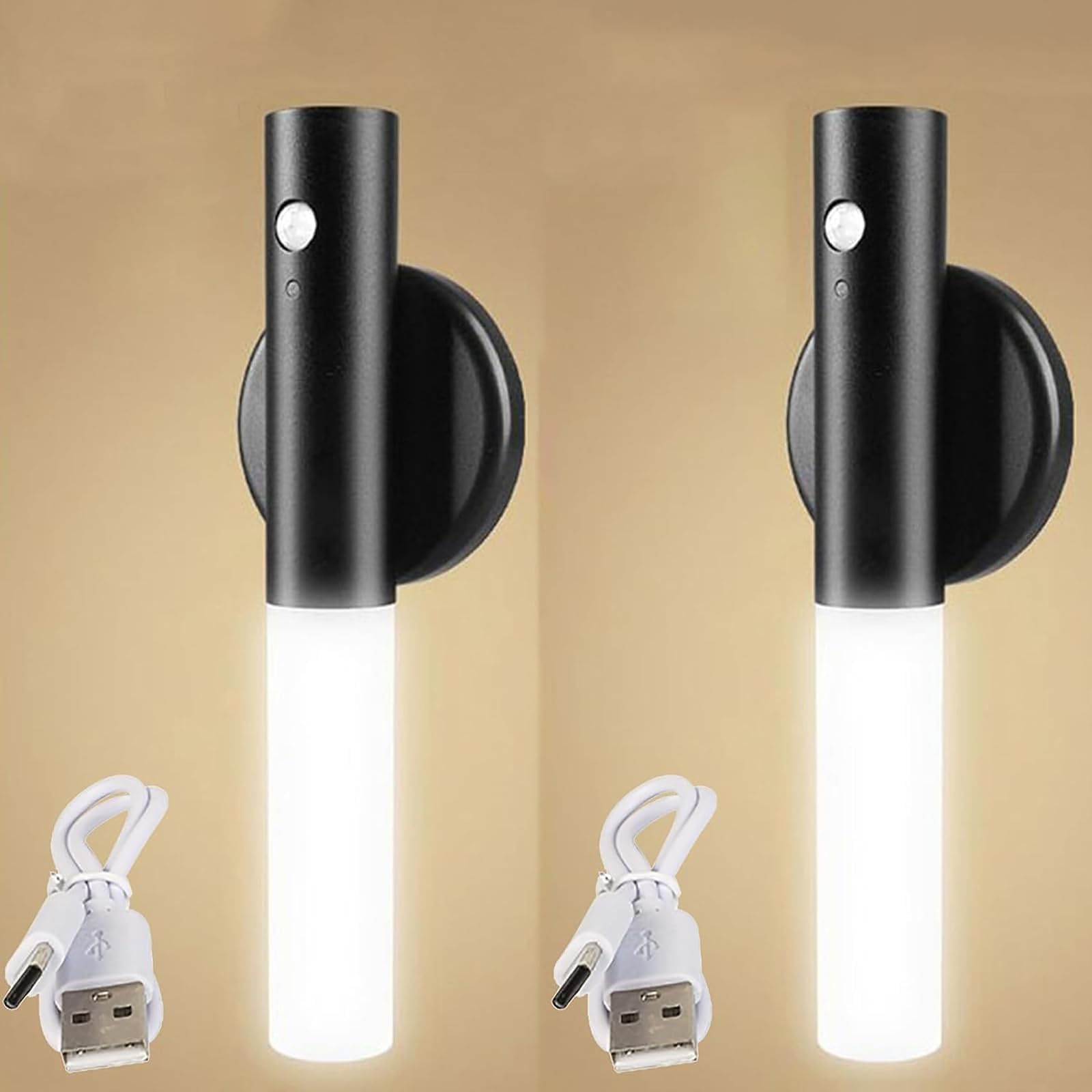 LED Battery Operated Wall Light with Motion Sensor Indoor Dimmable Lampe Magnetic Lamp USB Rechargeable Socnce Lighting Stick-On Night Lights for Entrance Hallway Staircase (Black,2 Packs)