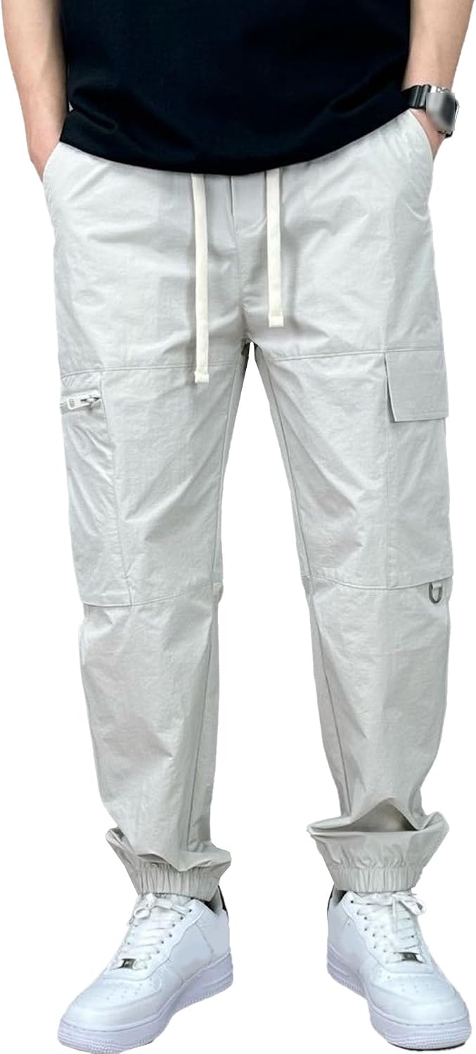 Men's Stylish Lightweight Casual Cargo Pants Drawstring Elastic Waist Military Pants Baggy Solid Outdoor Trousers