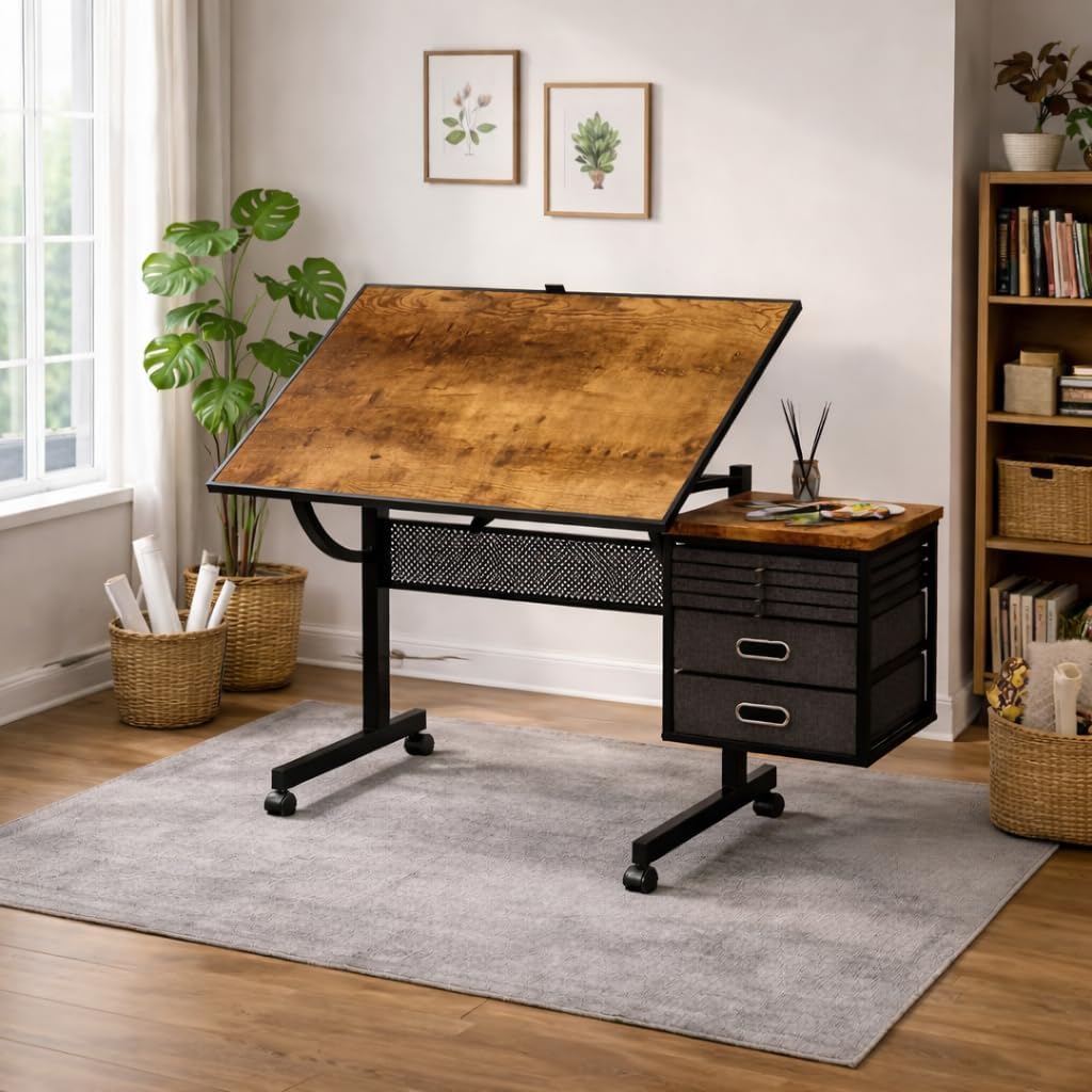 Adjustable Drafting Table with Wheels, Tilting Drawing Desk with 4 Trays & 2 Drawers, Art Craft Workstation for Studio, Home Office & Painting (Color A)