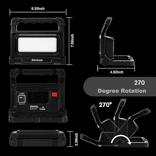 Miniatura 2 de Darenic Luz LED de trabajo recargable, 30 W, 3000 lúmenes, luz de inundación giratoria portátil con base magnética, luz impermeable IP65 para