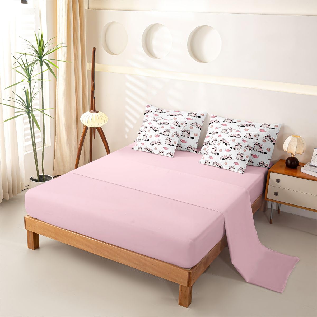 Loussiesd Set di biancheria da letto per letto singolo, 7 pezzi, bianco, rosa, grigio, con gatto, per bambini, ragazzi e ragazze, con copripiumino, lenzuola, federe, federe