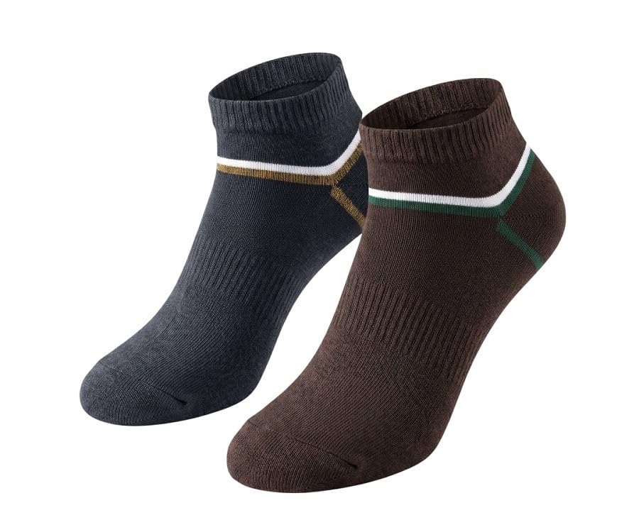 Pack of 2 Men's Ankle Length Striped Cotton Socks | Low Cut Sports Socks with Contrast Band | Breathable Socks for Gym, Office, Casual - Grey & Brown-picture-36
