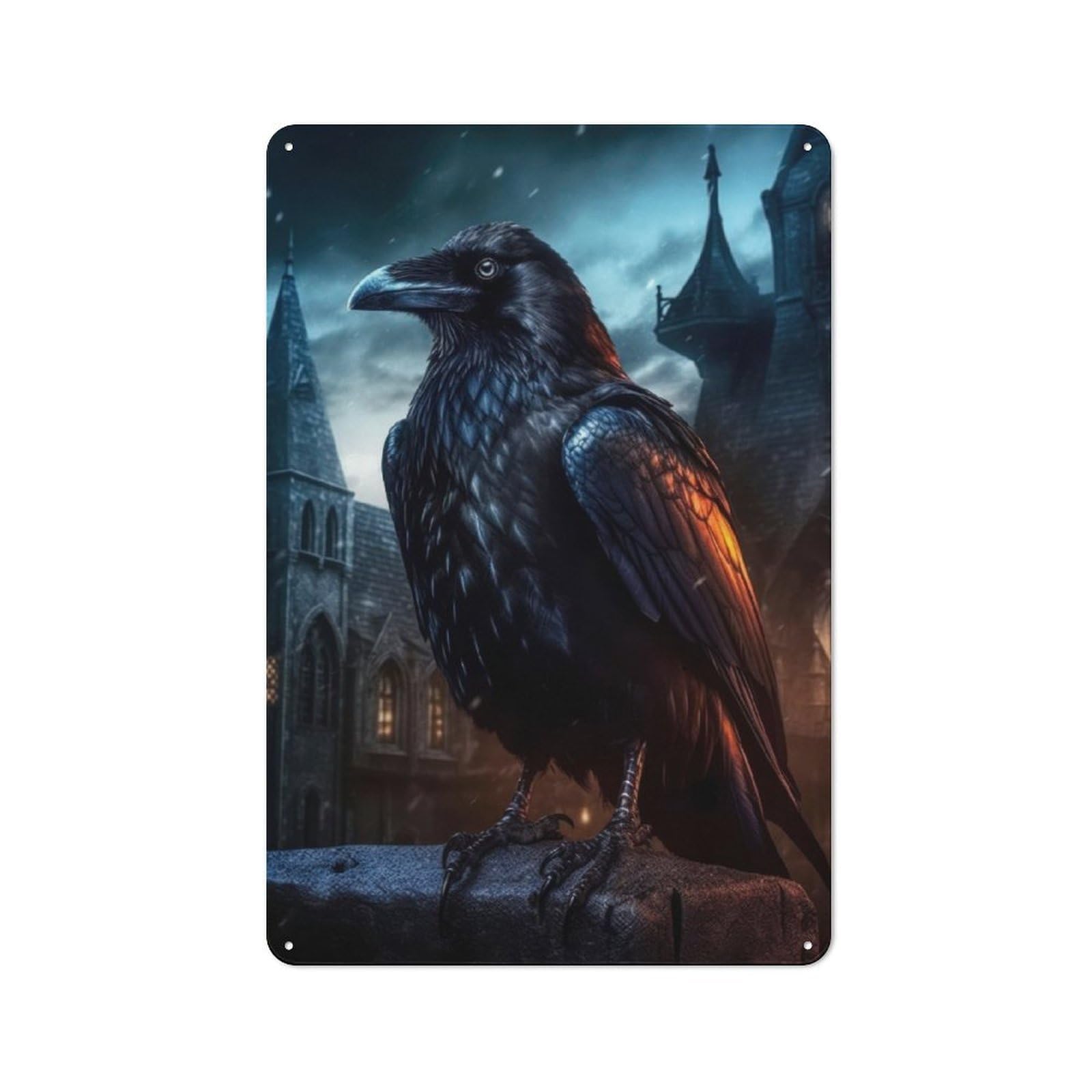 Decorative Metal Plaque with Fantasy Raven in Castle Design 30x20cm, Casual Utility Space Decor for Patio Bar, Workshop, Shed Or Kitchen