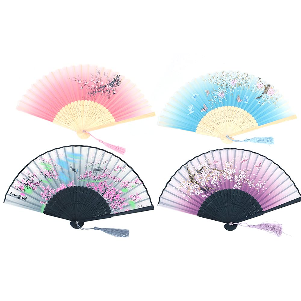 Ancllo Women's #1 4 Pieces Folding Fans Handheld Fans Bamboo Fans With Tassel Hollowed Bamboo Hand Holding Fans For Wall Decoration, Gifts