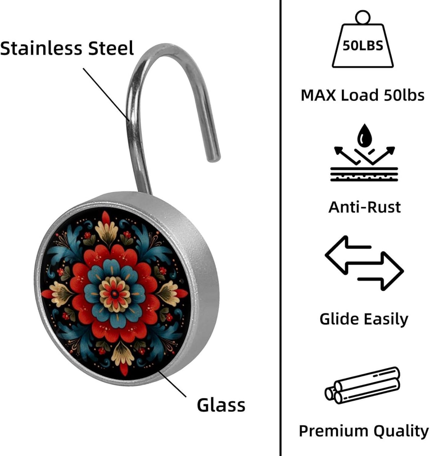 12PCS Norwegian Rosemaling Folk Style Flower (75) Shower Curtain Hooks Metal Rust Resistant Decorative Shower Curtain Hooks Bathroom Decorations