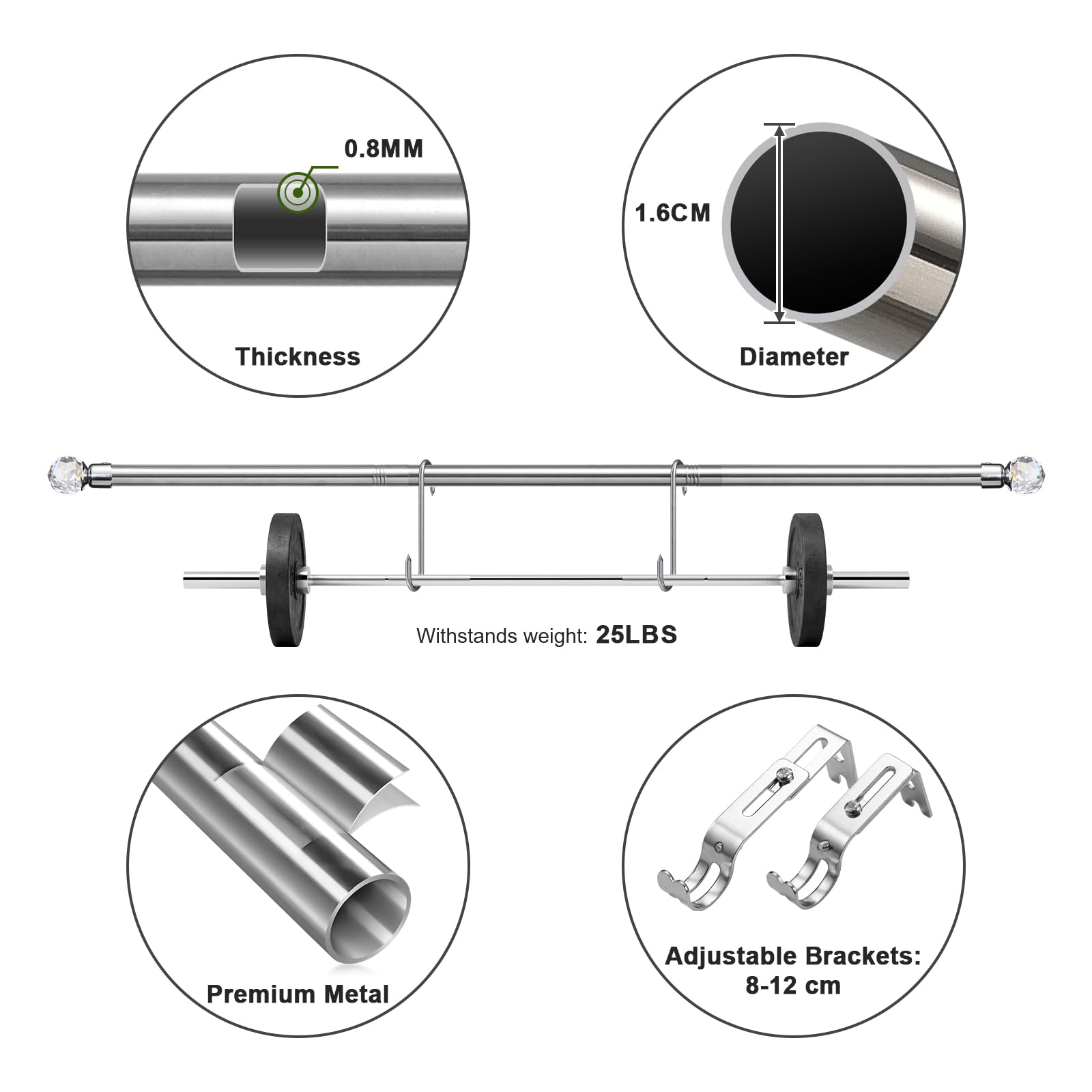 Bastone per tende da 1,6 cm, aste singole per tende da 76 a 157 cm, per tende con occhielli per camera da letto, porte, finestre, asta decorativa per drappeggi con terminale in acrilico a diamante,