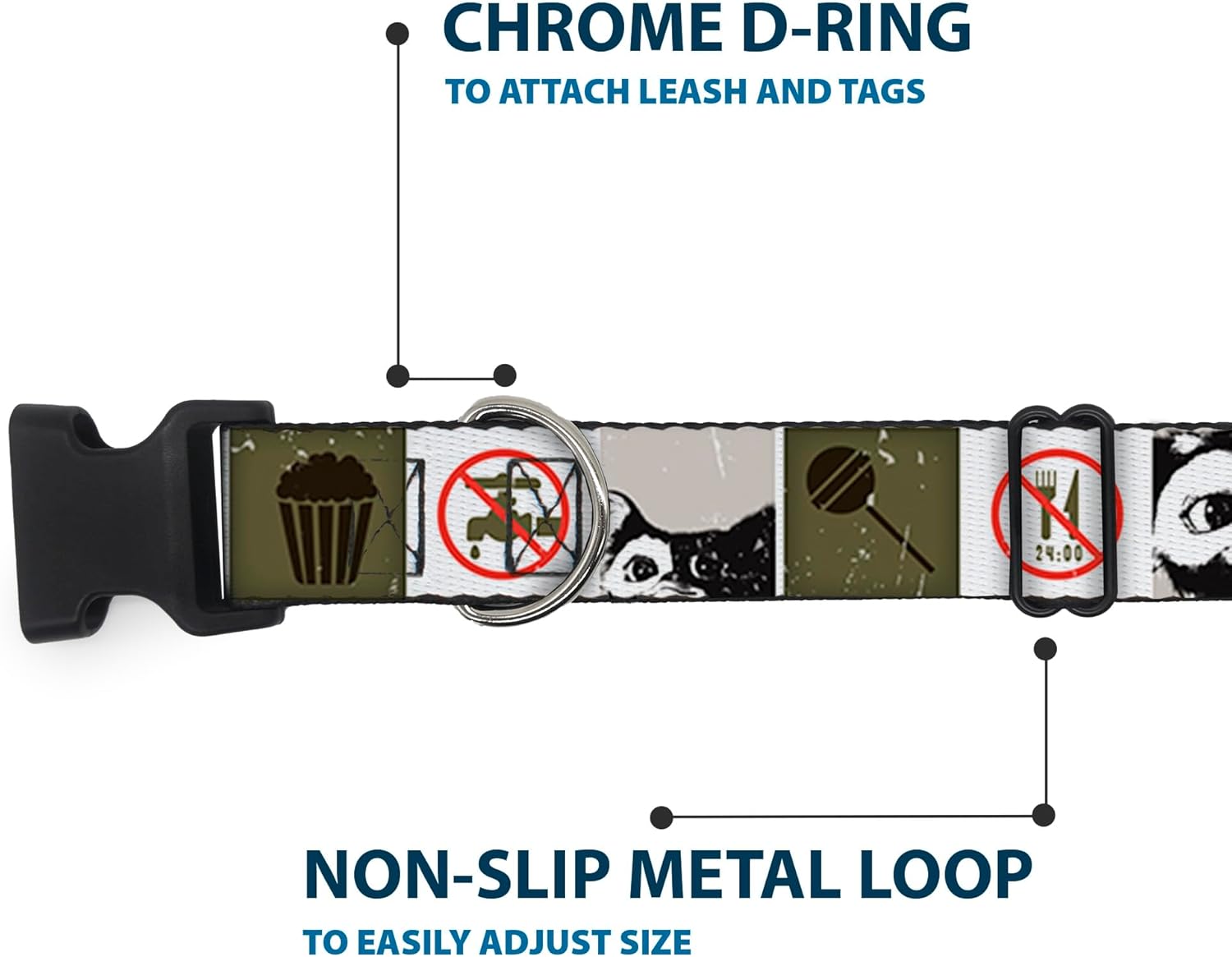 Buckle-Down Dog Collar Plastic Clip Gremlins Gizmo Poses Rules Blocks Red Greens Grays White 16 to 23 Inches 1.5 Inch Wide