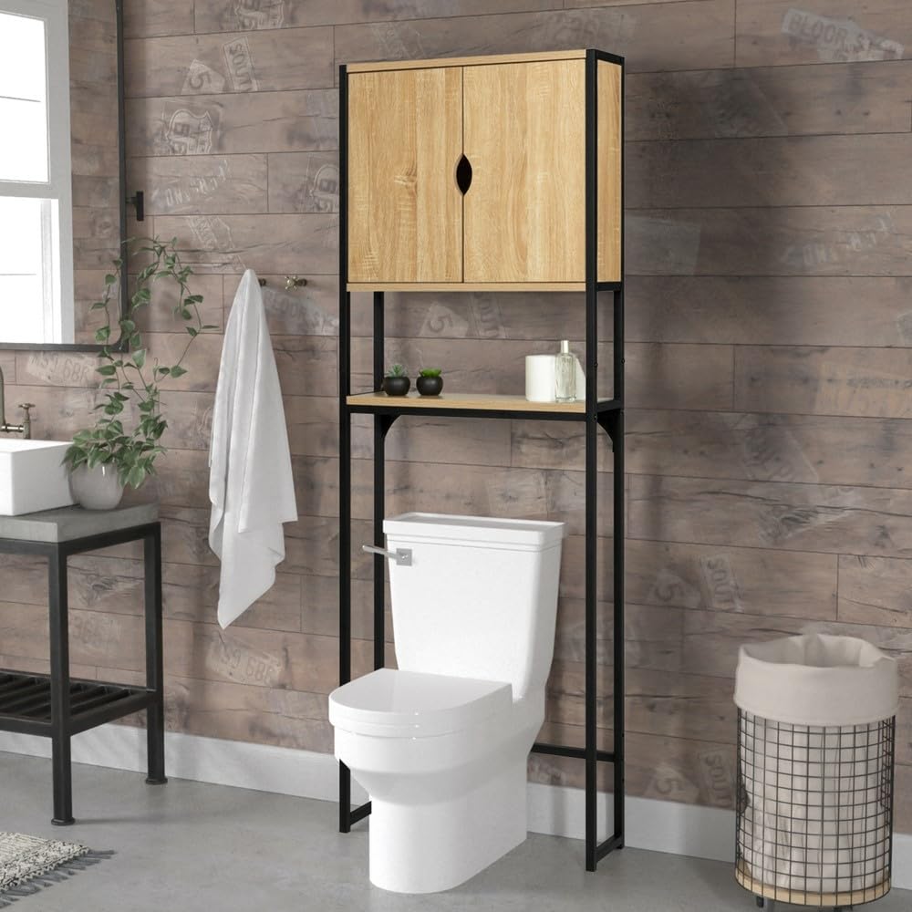 FACILITYS - Meuble WC, 64,5 x 19,5 x 178,5 cm - Meuble Rangement WC, en Bois - Étagère Rangement Toilette, Salle de Bain, Effet Bois et Métal, Industriel