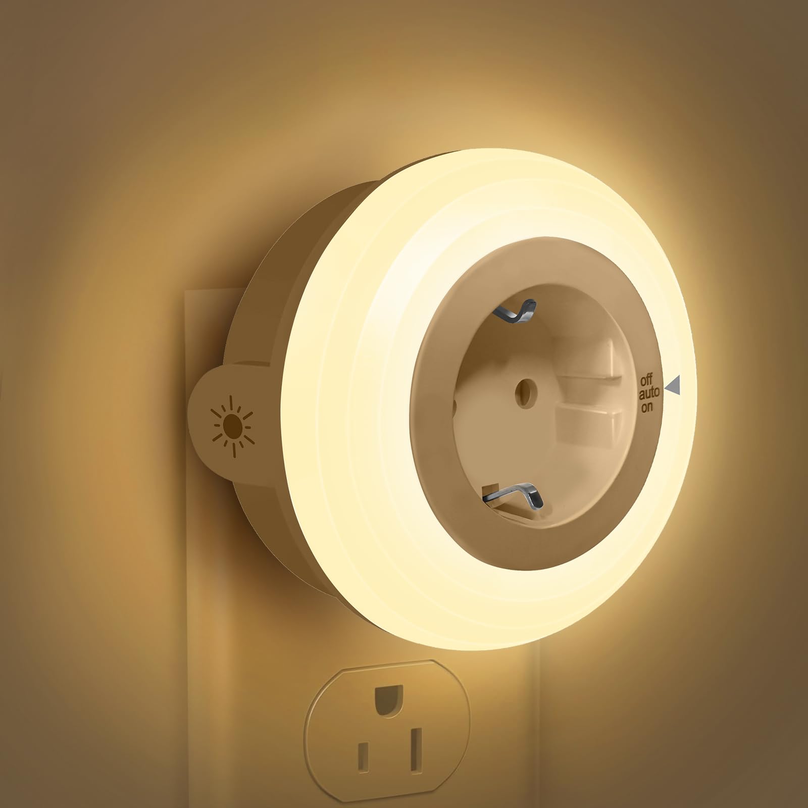 Bowfar Nachtlicht Steckdose mit Dämmerungssensor, Warmweiß LED Nachtlampe Kinder Schützen Steckdose, Steckdosenlampe Helligkeit Einstellbar mit Lichtsensor für Flur, Treppe, Schlafzimmer, Kinderzimmer