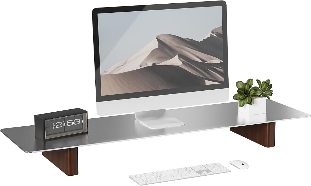 Aluminum Monitor Stand Riser with Wooden Legs, 31.5" Wide | Ergonomic Desktop Shelf, Heavy Duty Computer Stand for Home Office, Universal Monitor Riser for PC, iMac, MacBook and Laptop