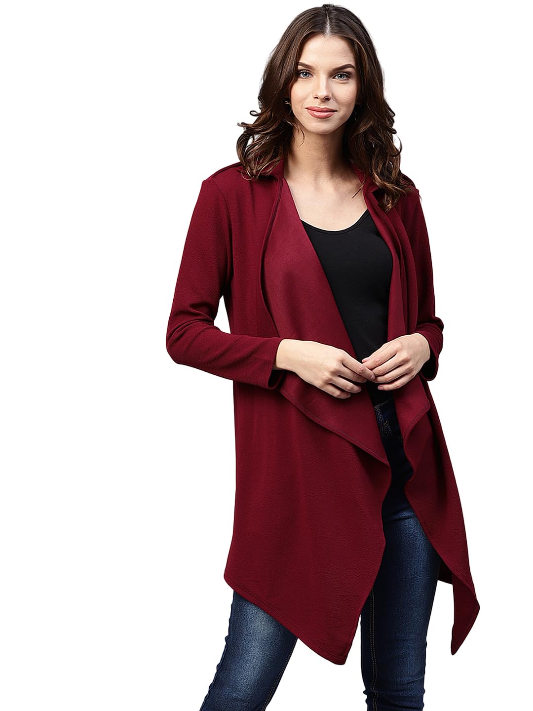 poshbery Maroon Solid Longline Waterfall Shrug-picture-36