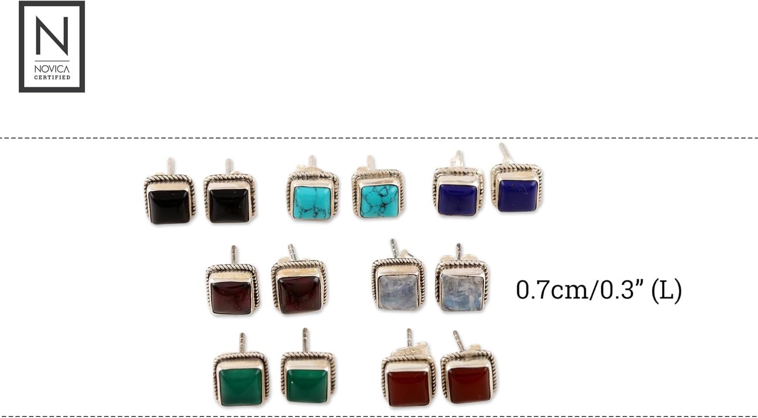 NOVICA Artisan Crafted Sterling Silver Multi Gemstone Square Stud Earrings | Push Back | Reconstituted | Turquoise | Moonstone | Lead & Nickel Free | India 'Color Magic' (Set of 7) 0.3" L x 0.3" W