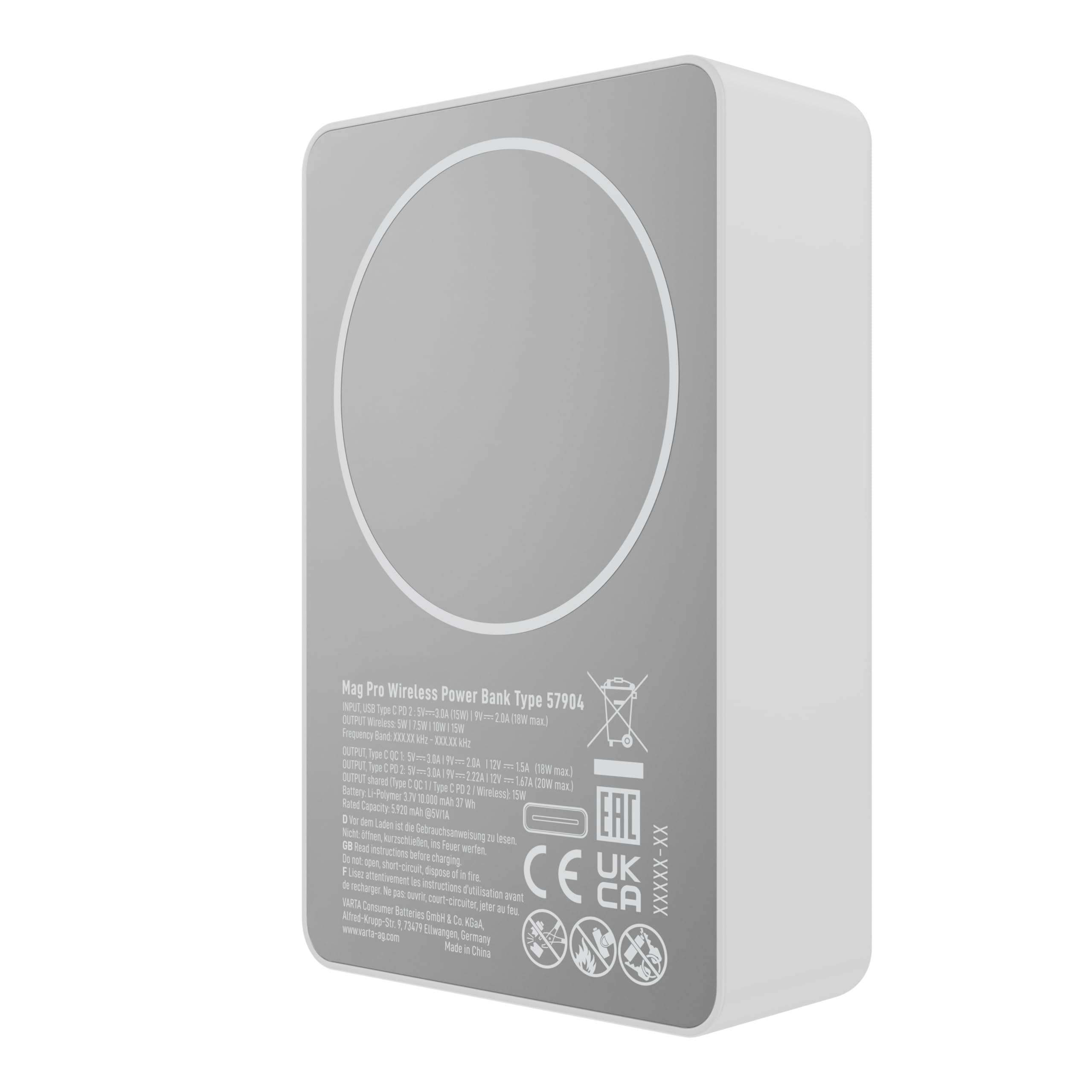 VARTA Power Bank 10000 mAh, Mag Pro, magnétique, sans Fil, Coloris Blanc