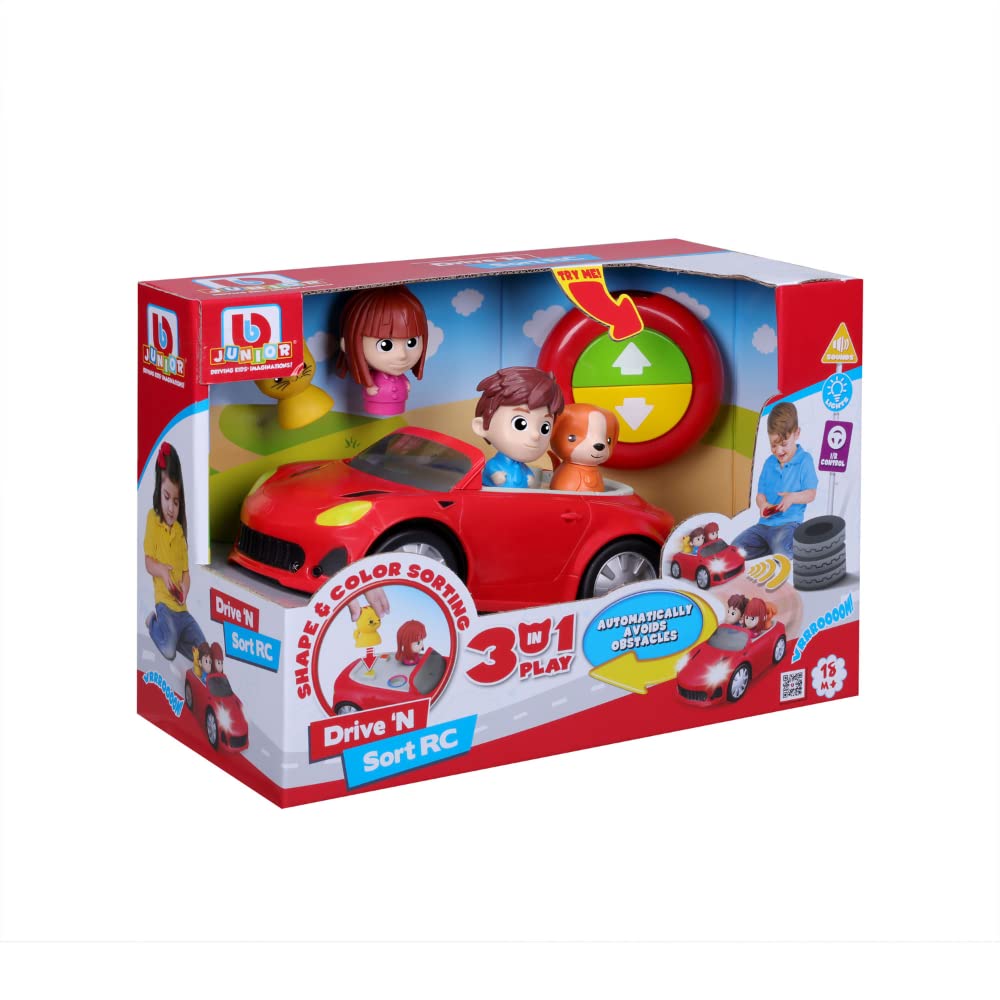 BB Junior 95002 - Vehículo para bebé (Mando a Distancia) - Versiones con 2 Personajes y 2 Animales, Color Rojo - Faros Luminosos - Infra roja