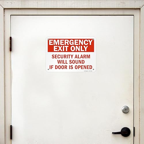 Miniatura 8 de SmartSign Paquete de 4 etiquetas adhesivas de 5 x 7 pulgadas con texto en inglés "Solo salida de emergencia, alarma de seguridad sonará si se abre