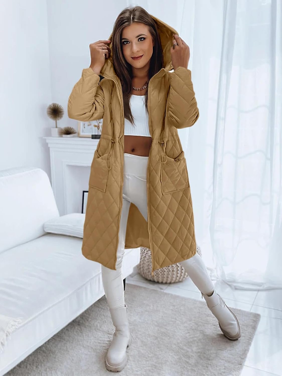 Imily Bela Womens Long Quilted Puffer Jacket Lightweight Zip Up Hooded Drawstring Winter Coats Outerwear with Pockets - Image 3