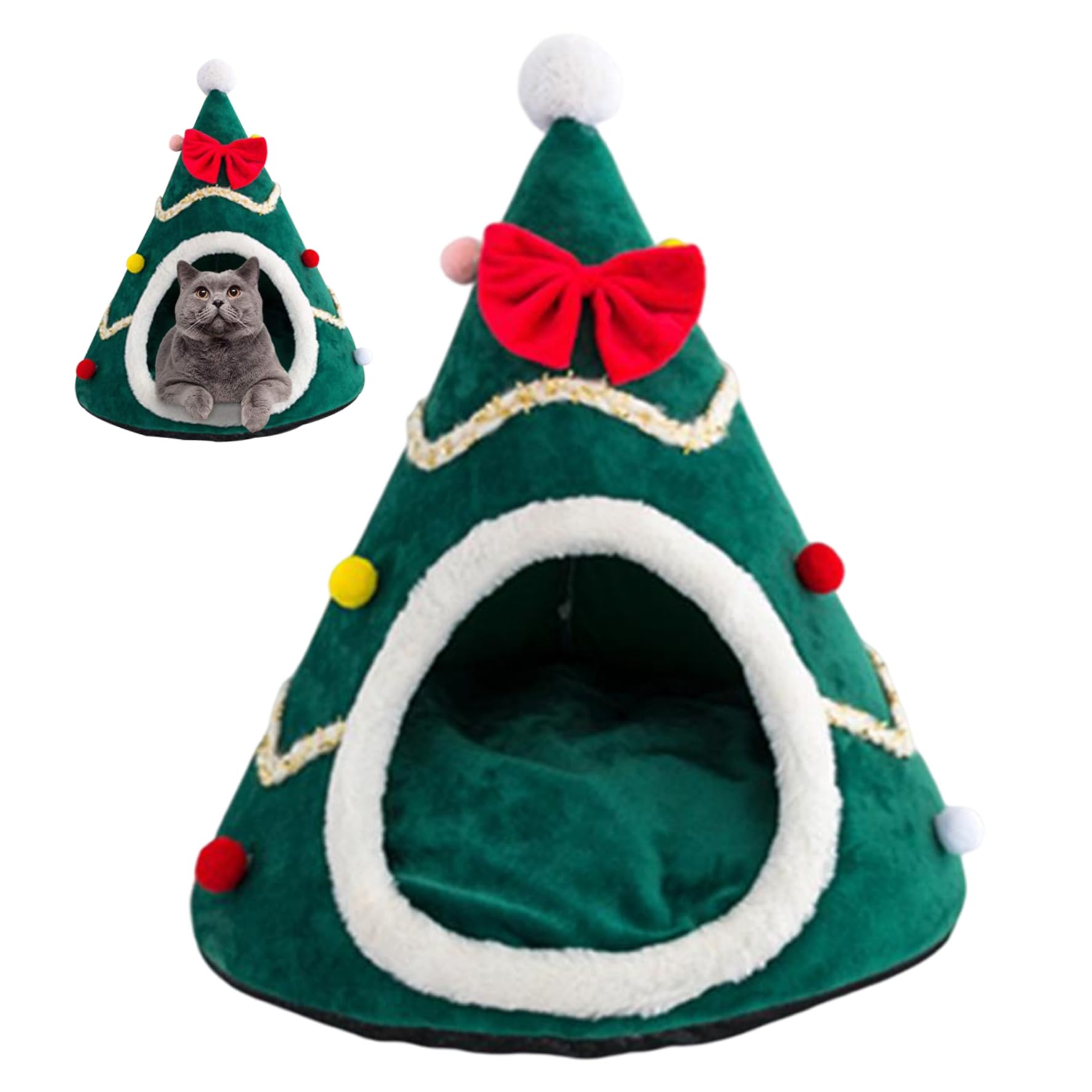 Cat Bed Christmas Tree Pet House Plush Detachable Cushion Cute Cartoon Bowknot Decorative Winter Soft Warm Pet Bed Cave for Cat Dog