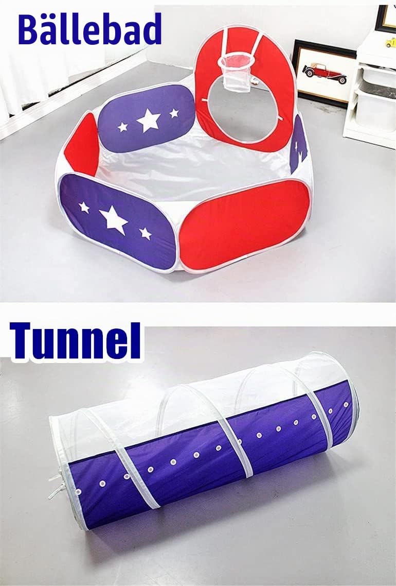 3 in 1 Kinder Spielzelt Kriechen Tunnel und Ballgrube Kinder Spielhaus Zelt mit Basketballkorb, für den Innen- und Außenbereich mit Tragetasche (Navy blau)