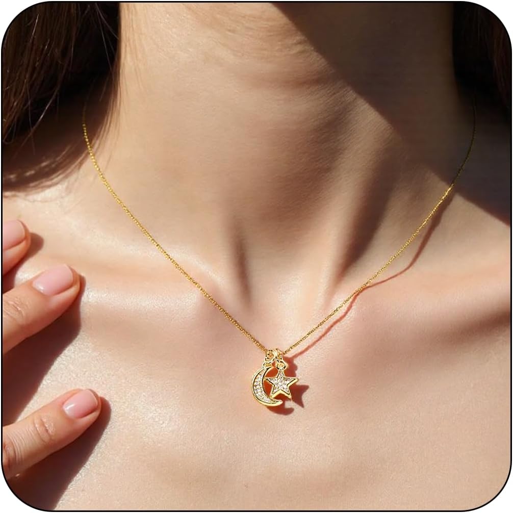 Double Pendant Necklace for Women 18k Gold Plated Necklace Cubic Zirconia Dainty Gold Necklaces for Women
