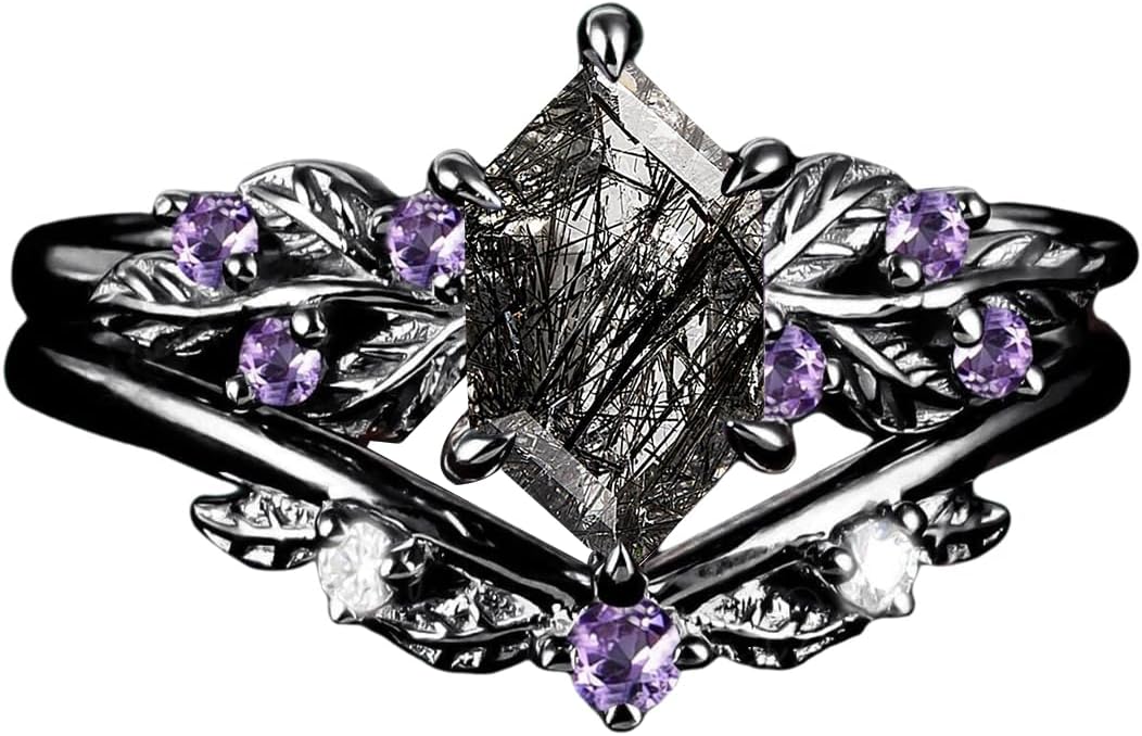 S925/10K/14K/18K Solid Gold Long Hexagon Gemstone Vintage Engagement Ring Set Leaf Unique Vine Gemstone Wedding Anniversary Ring Set Black Gold Bridal Ring Set