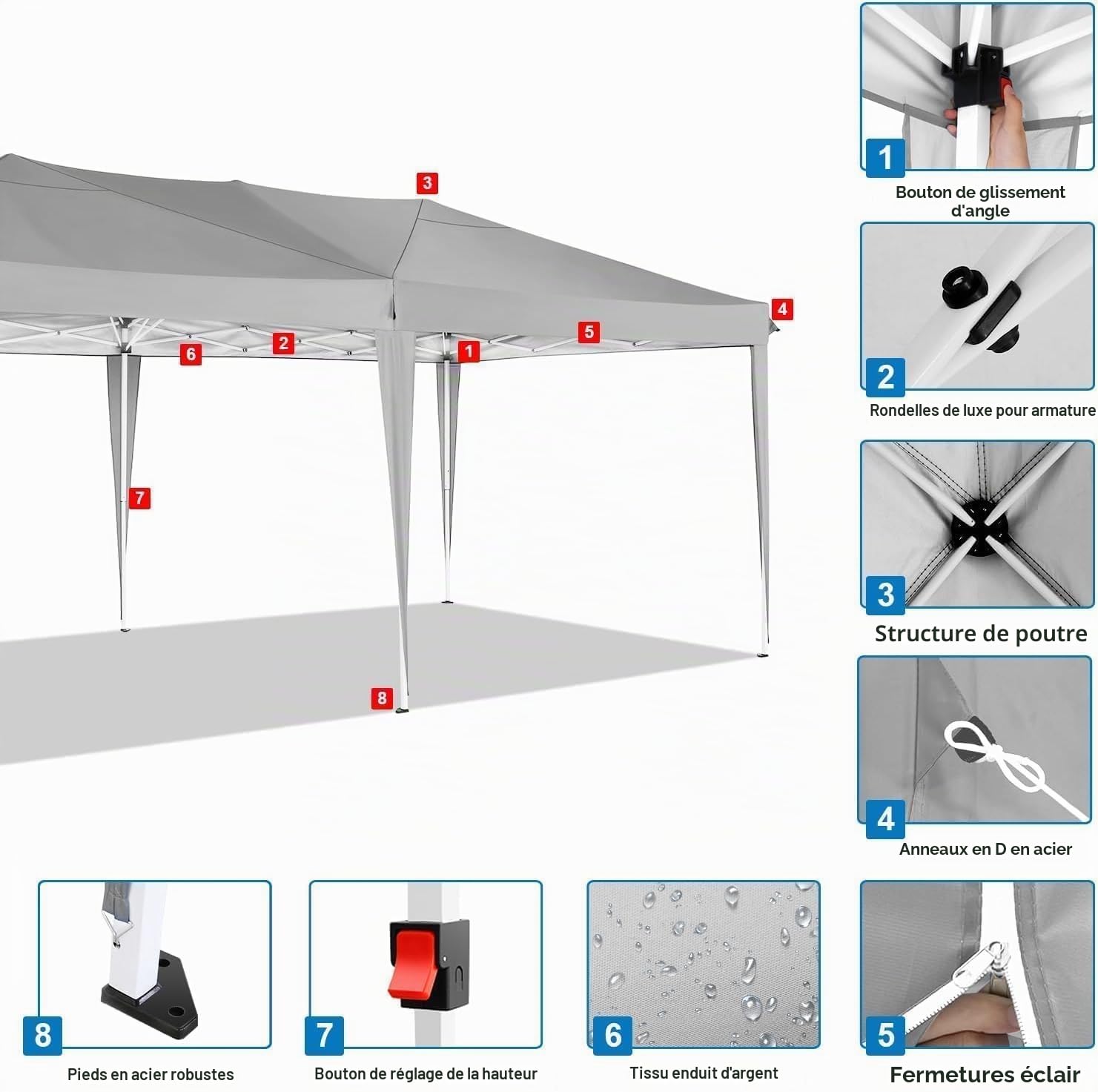 COBIZI Tonnelle Pliante 3 x 6 m étanche et Stable - Tente de réception d'extérieur 3 x 6 m avec 6 parois latérales - Anti-UV - pour Mariage, extérieur, Jardin, fête, marché (Gris)