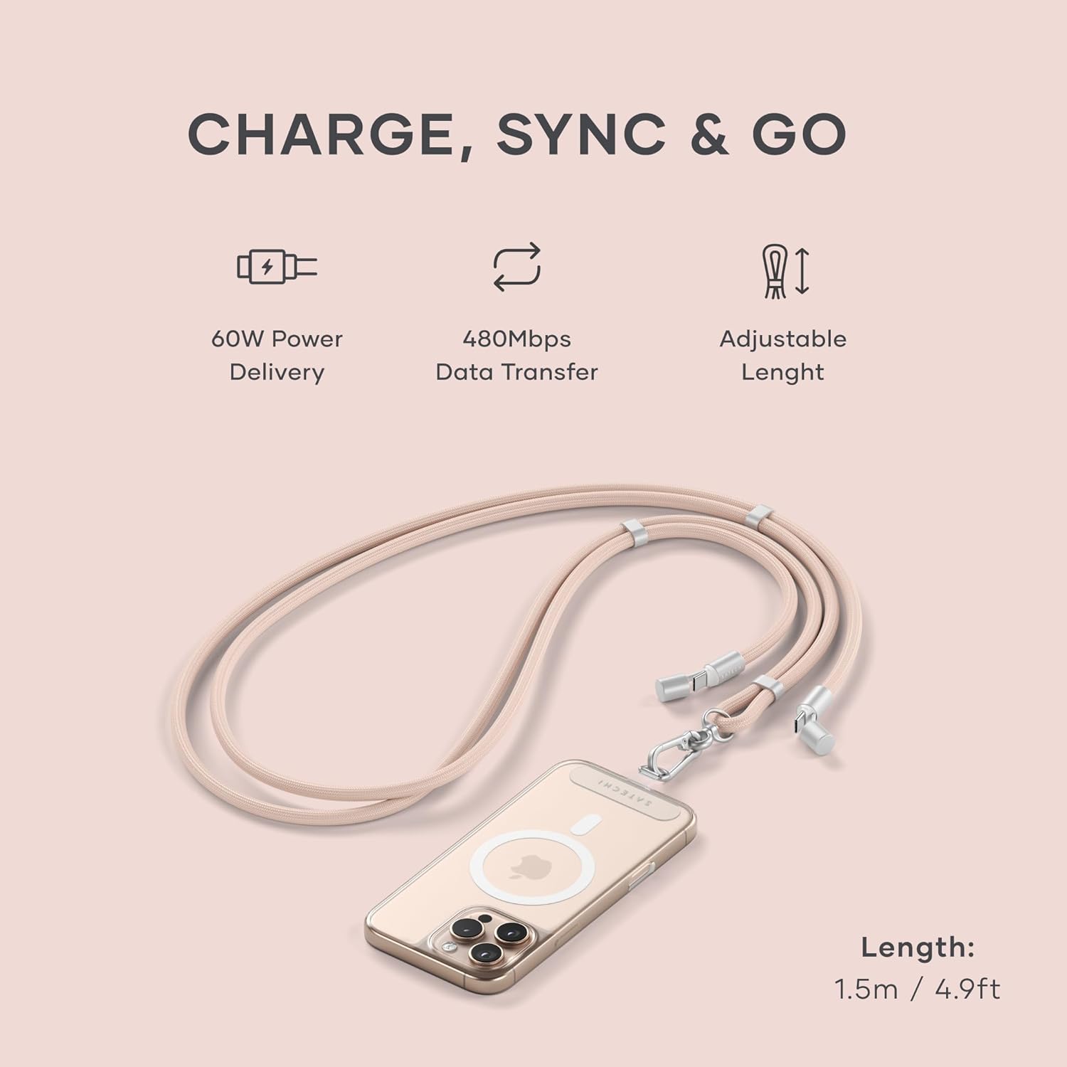 Satechi OntheGo USB-C Lanyard Cable, 60W Fast Charging, 480Mbps Data Transfer, Built-in Crossbody Strap, Adjustable 1.5m / 4.9ft Braided Cord, USB-C to USB-C Cable for iPhone, Android – Desert Rose