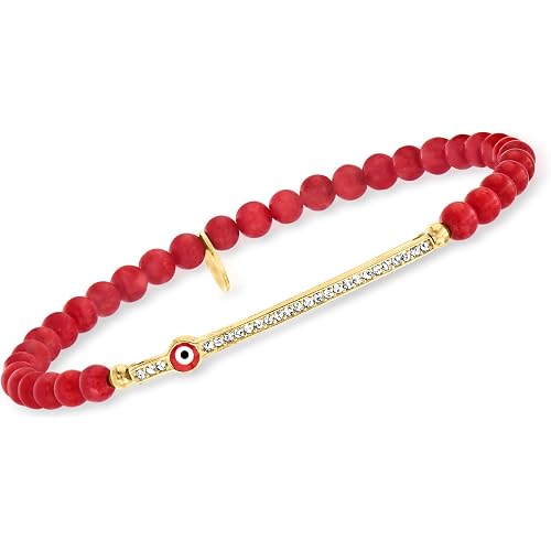 Ross-Simons 4mm Simulated Red Coral Bead and .10 ct. t.w. CZ Evil Eye Stretch Bracelet With Enamel in 18kt Gold Over Sterling